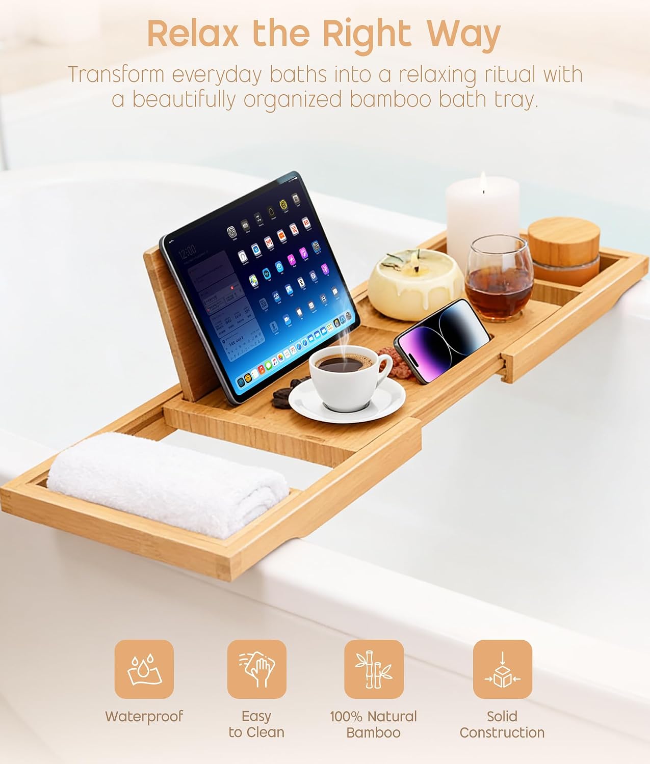 Bathtub Tray Caddy Expandable, Foldable Bath Tray, Bathtub Trays for Tub with Book, Wine Glass Holder, Anniversary House Warming Gifts, Relaxation, Bathroom Accessories, Fits Most Bathtubs Sizes