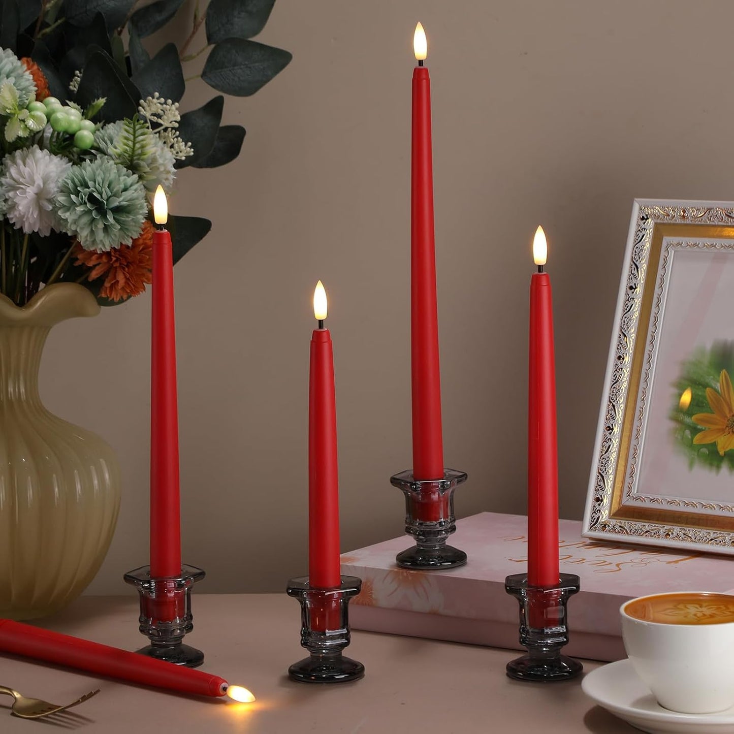 Rossesay 24 Pcs Flameless LED Taper Candles Battery Operated Candle 8.5", 9.65", 10.8", 12.8" Flameless Candlesticks Flickering for Christmas Church Wedding Indoor Decoration(Classic, Red)