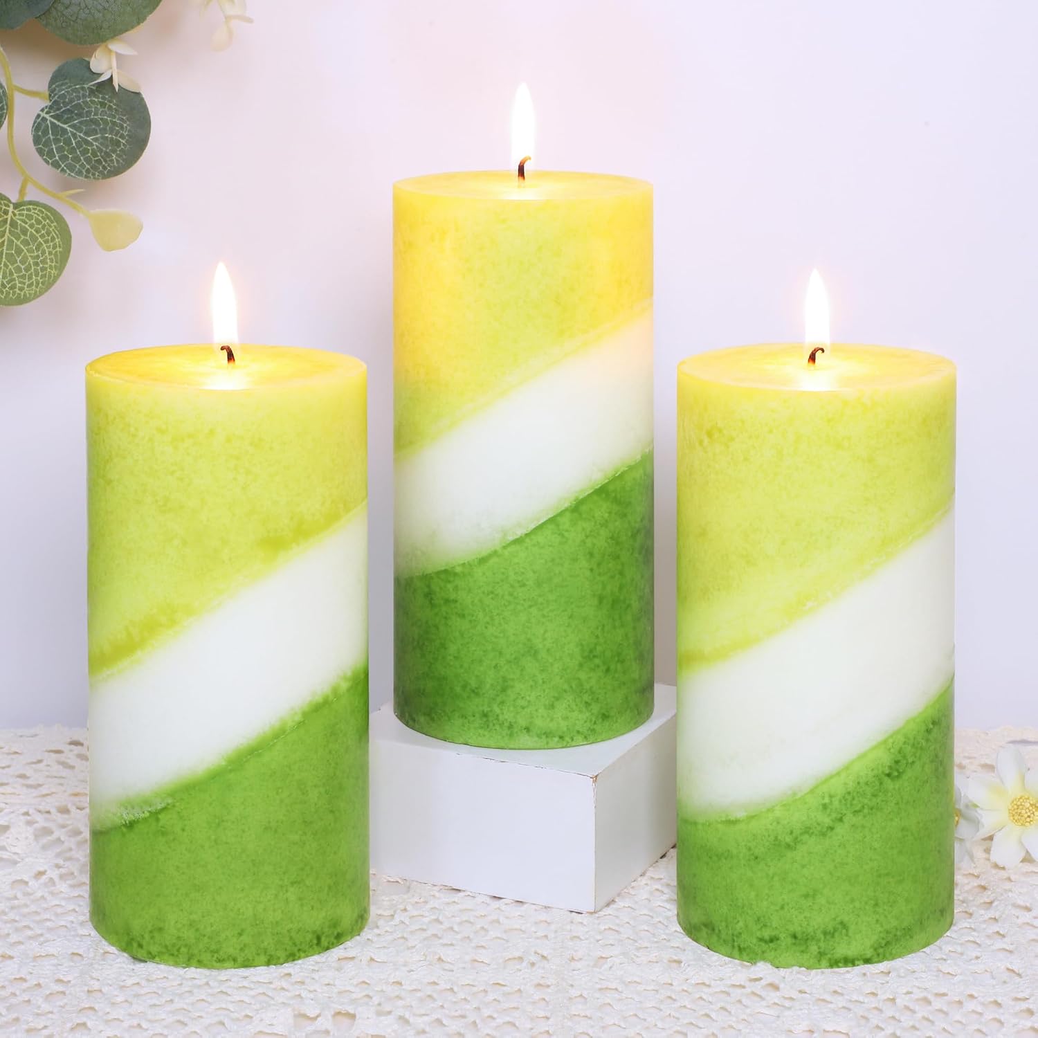 Eucalyptus Mint Scented Pillar Candles, 3x6 Inch Green and White Striped 100% Cotton Core Paraffin Wax Candles for Home Room Shelf Decor Idea, Set of 3