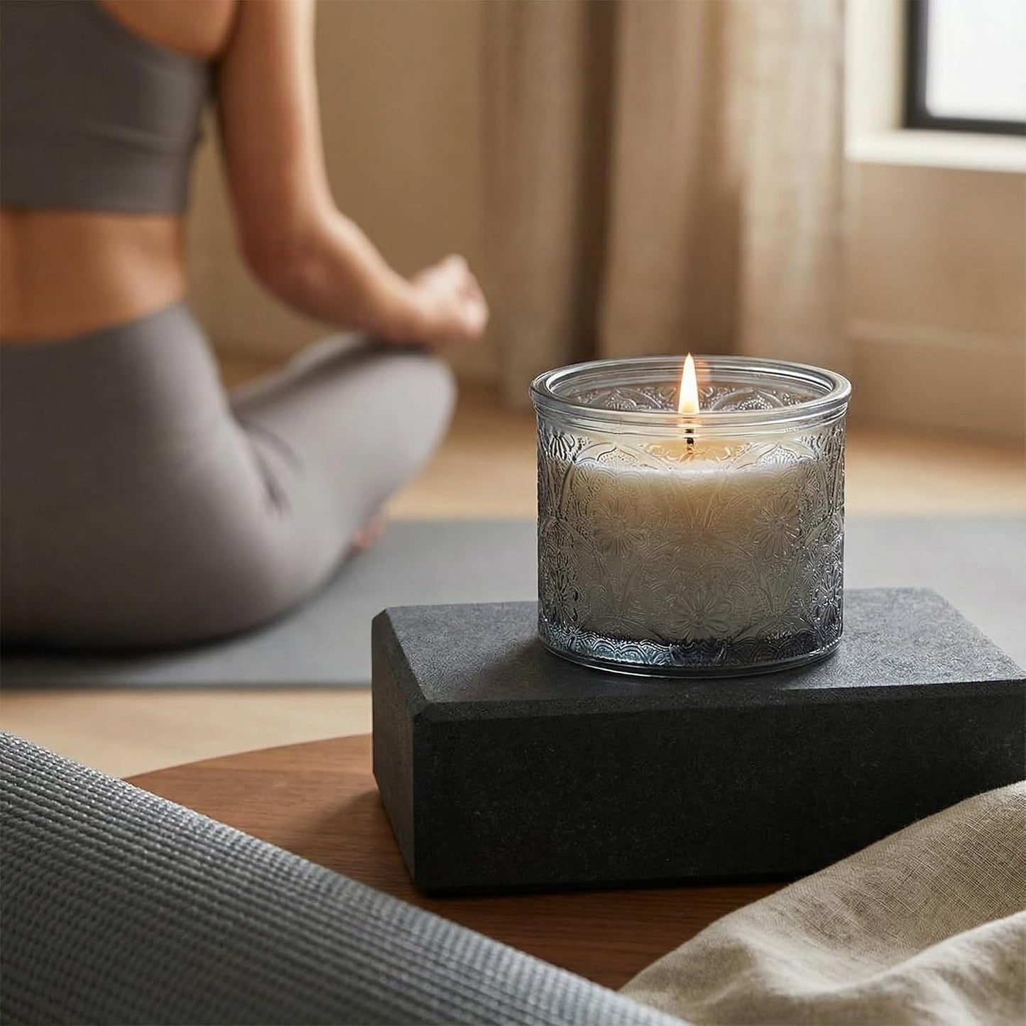 10 oz Gray Mandala Glass Candle Jars with Bamboo Lids, 9 Pack | Patented Embossed Design, Includes Wick Centering Devices & Warning Labels, Multiple Color Options