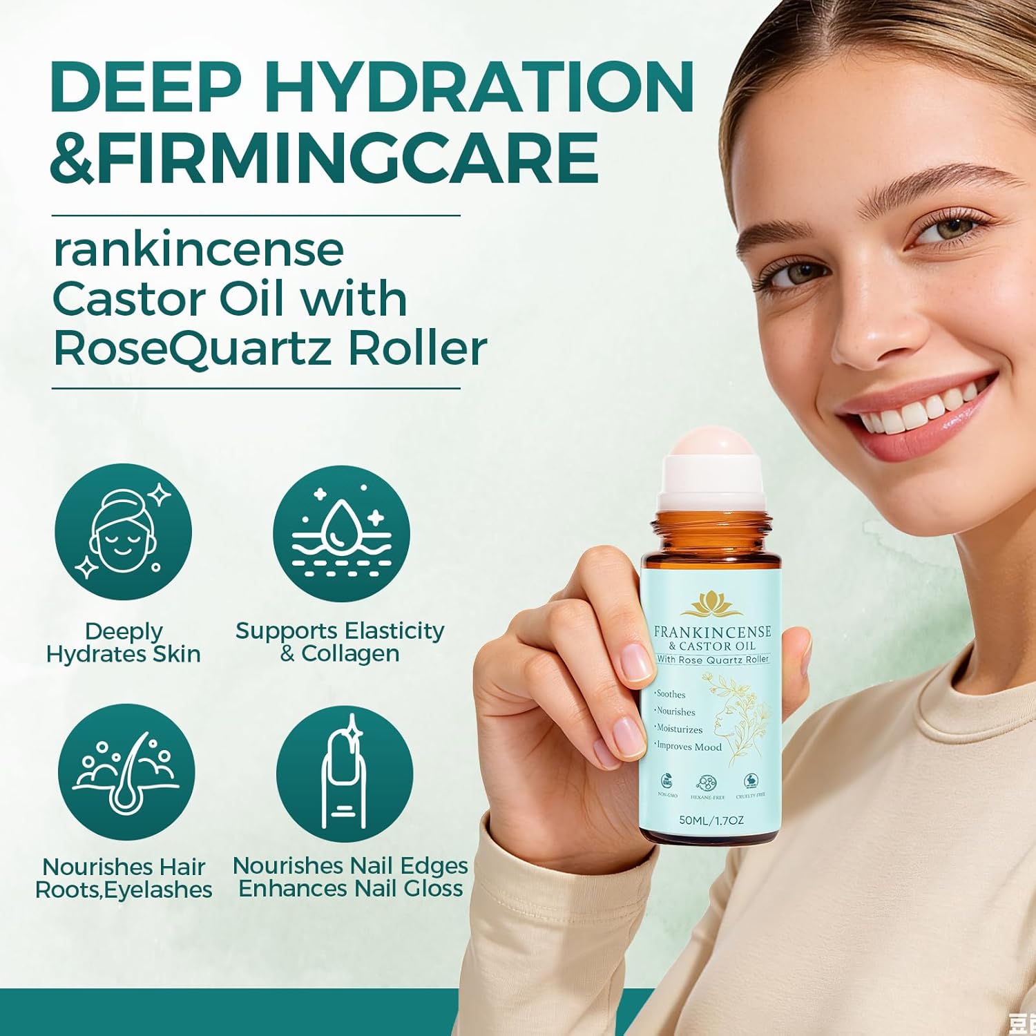 Frankincense and Castor Oil Roll On with Rose Quartz | 100% Pure Organic Cold-Pressed Castor Oil–Firms Skin, Reduces the Look of Fine Lines,Supports Hormonal Balance–For Face, Neck & Abdomen,1.7 fl oz