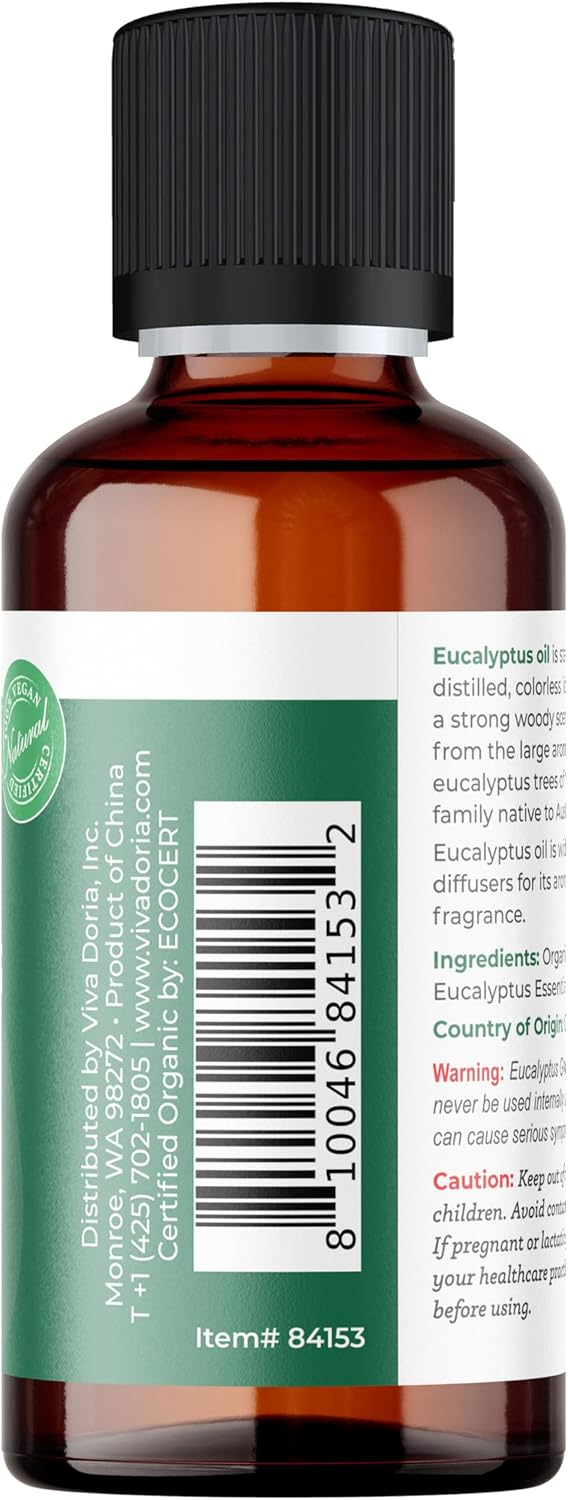 Viva Doria Eucalyptus Essential Oil, USDA Certified, Organic Eucalyptus Globulus Oil, 100% Pure, Natural Essential Oil, Undiluted, for Aromatherapy | Food Grade, 30 mL (1 Fluid Ounce)
