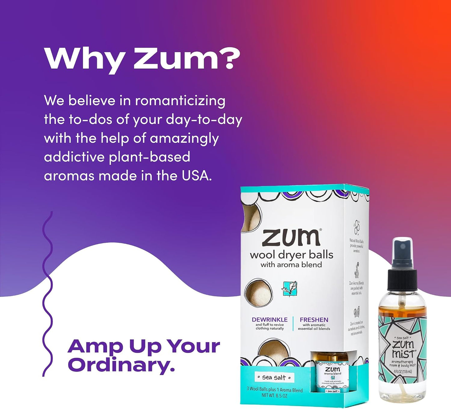Zum Wool Dryer Balls Kit Plus Zum Mist - 3 Wool Balls with Essential Oil Blend & Room & Body Mist - Sea Salt
