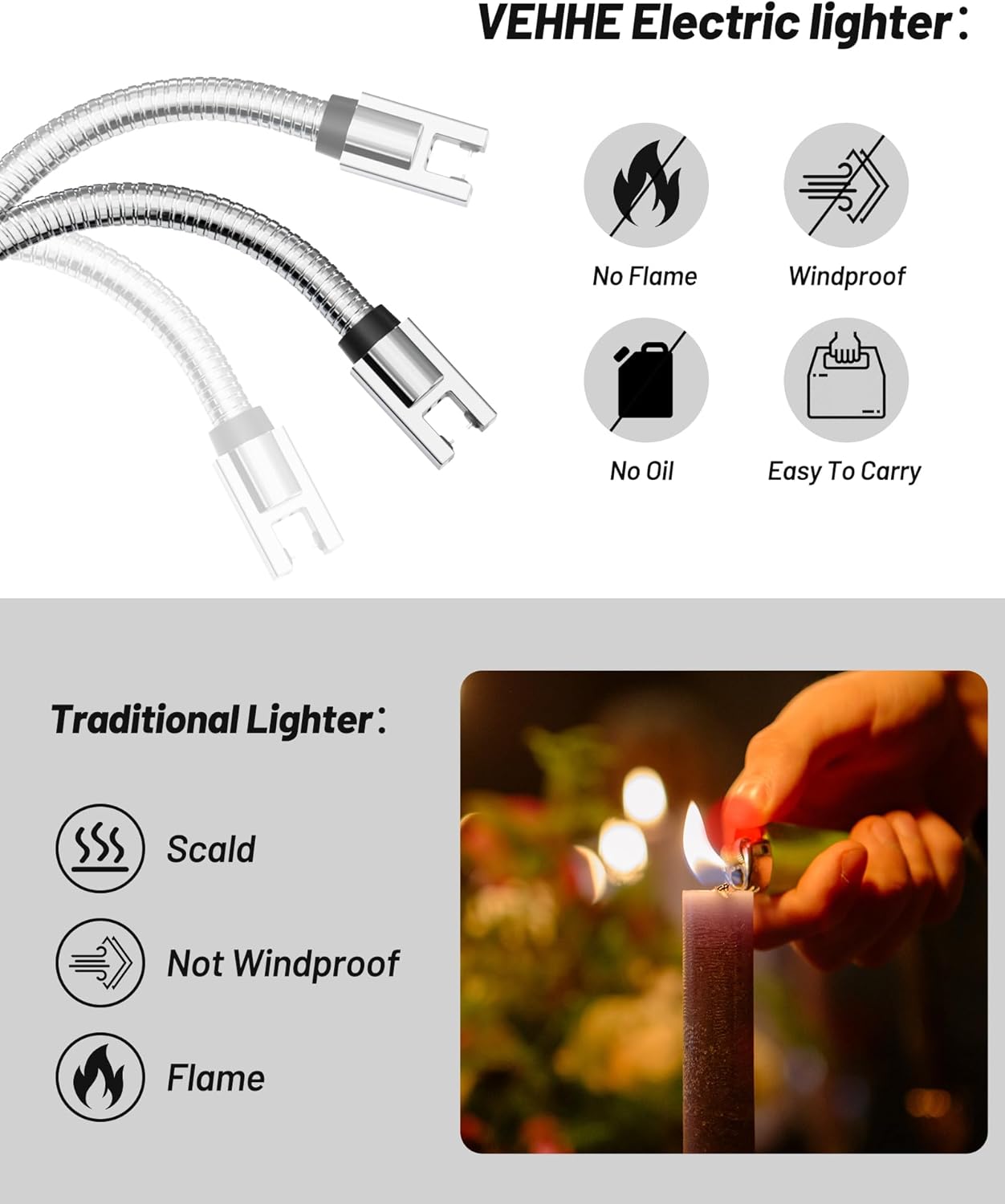 VEHHE Candle Lighter, Electric Rechargeable Arc Lighter with LED Battery Display Long Flexible Neck USB Lighters for Light Candles Gas Stoves Camping Barbecue