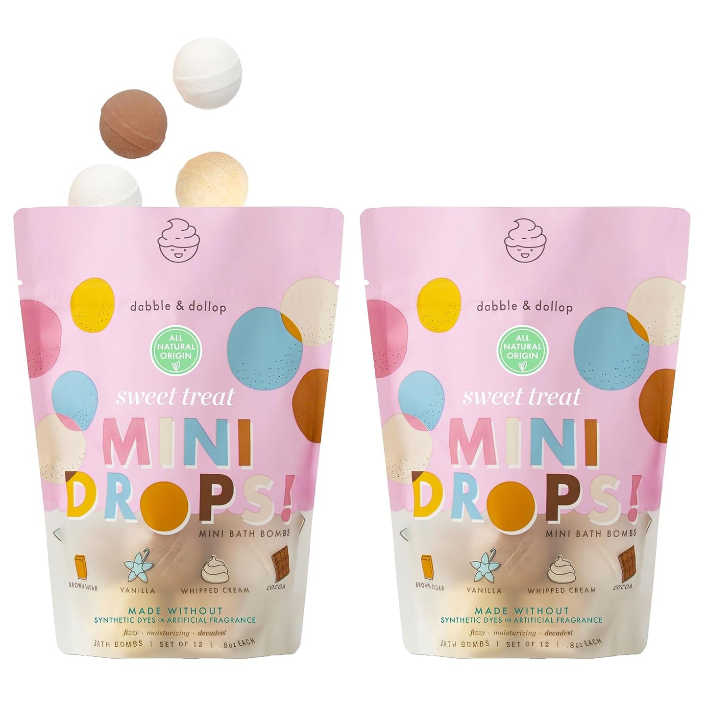 Dabble & Dollop Mini Bath Bombs, Sweet Treat Scents - Natural Origin, Mixable Scents, Clean Ingredients, No Synthetic Dyes, Toddler & Kids Bath Bombs in Resealable Pouches (Set of 24)