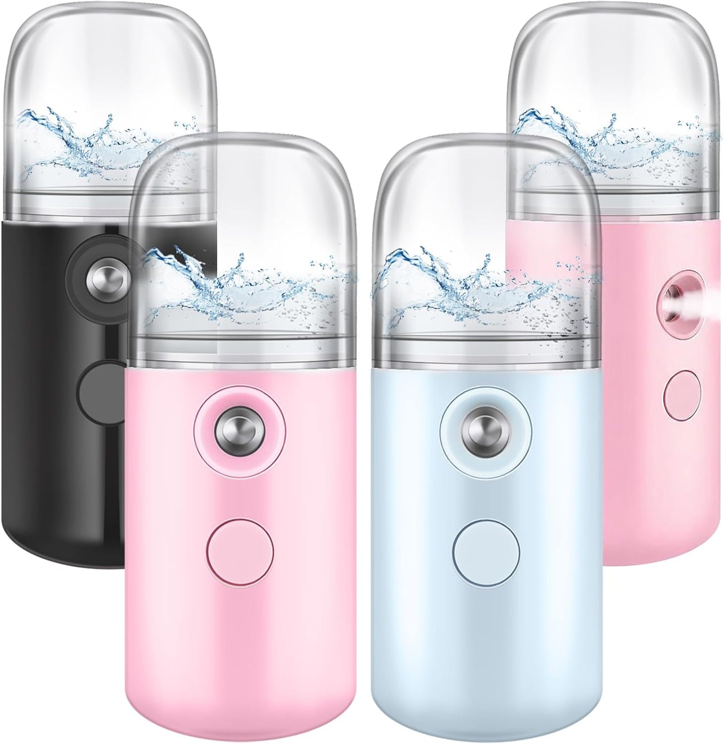 Mudder 4 Pcs Nano Facial Mister Handy Nano Mist Sprayer 30ml Visual Water Tank Portable Face Steamer Mini USB Mister for Lash Extensions, Skin Care, Makeup(Black, Blue, Light Pink, Pink)
