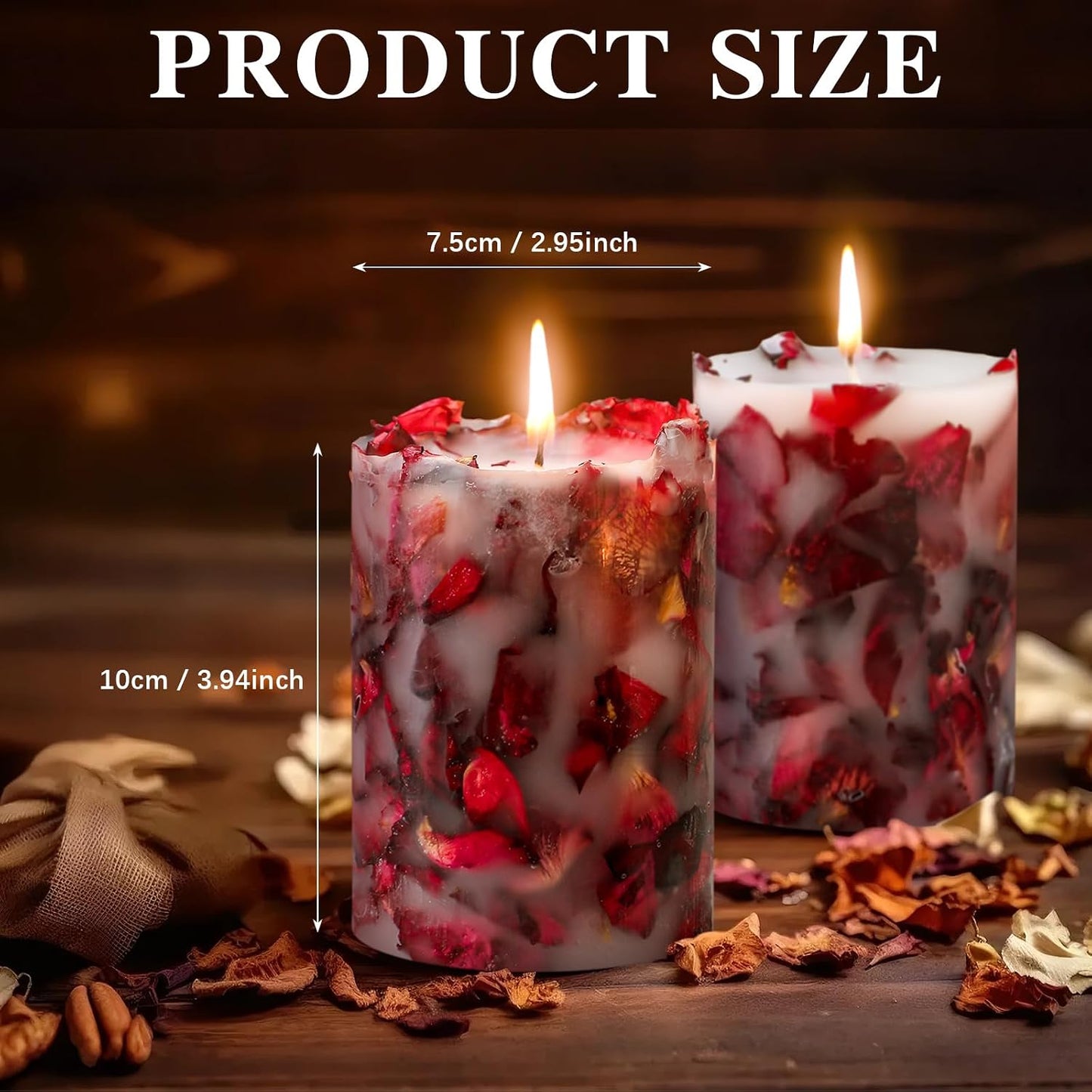 Nuanchu 2 Pcs Rose Petal Scented Pillar Candles - Dried Flower Infused Soy Wax Candles, Burning Candle for Home Decor, Wedding, Romantic Night, Birthday, Anniversary, Gifts for Women