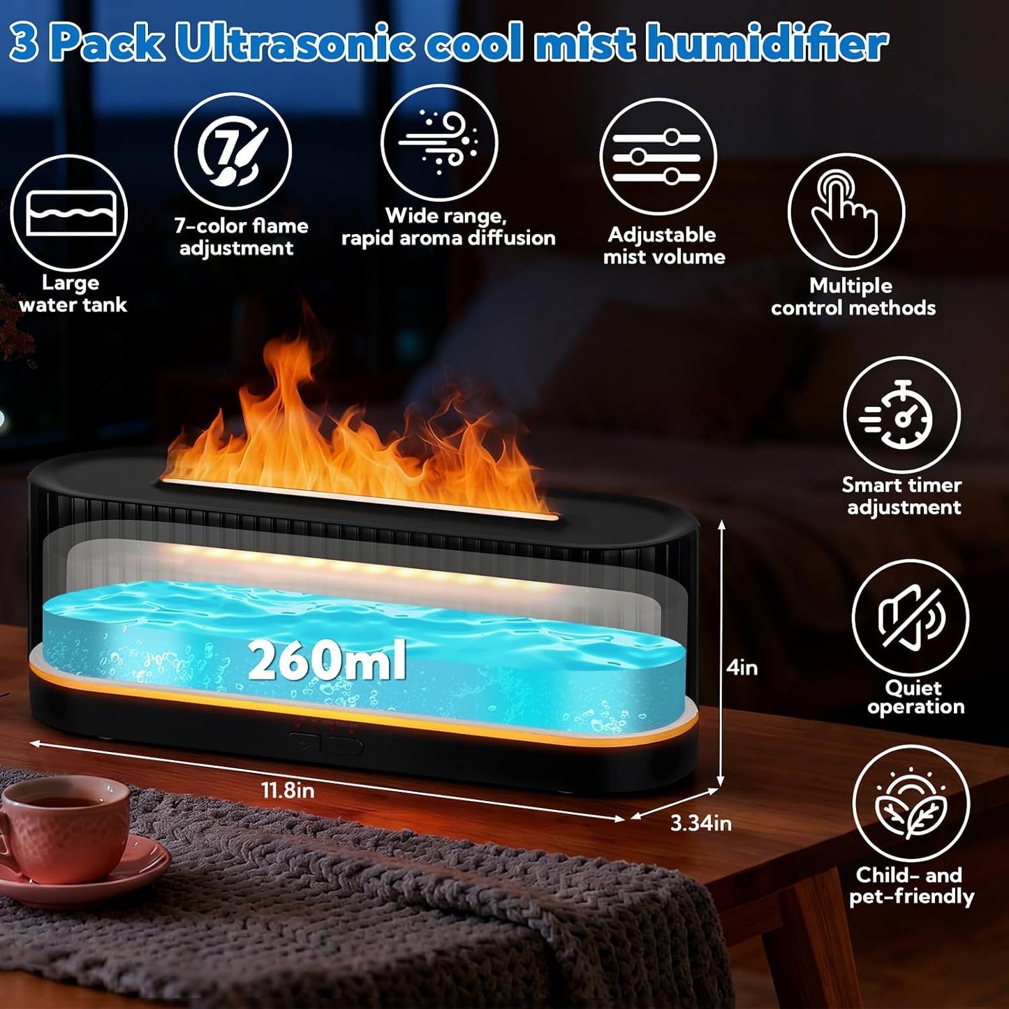 3 Pack Essential Oil Diffuser 7 Colors LED Light Flame Essential Oil Diffuser with Remote Control 260ml Ultrasonic Aroma Diffusers with Cool Mist for Home Bedroom Office Spa Yoga Room Gift,Black