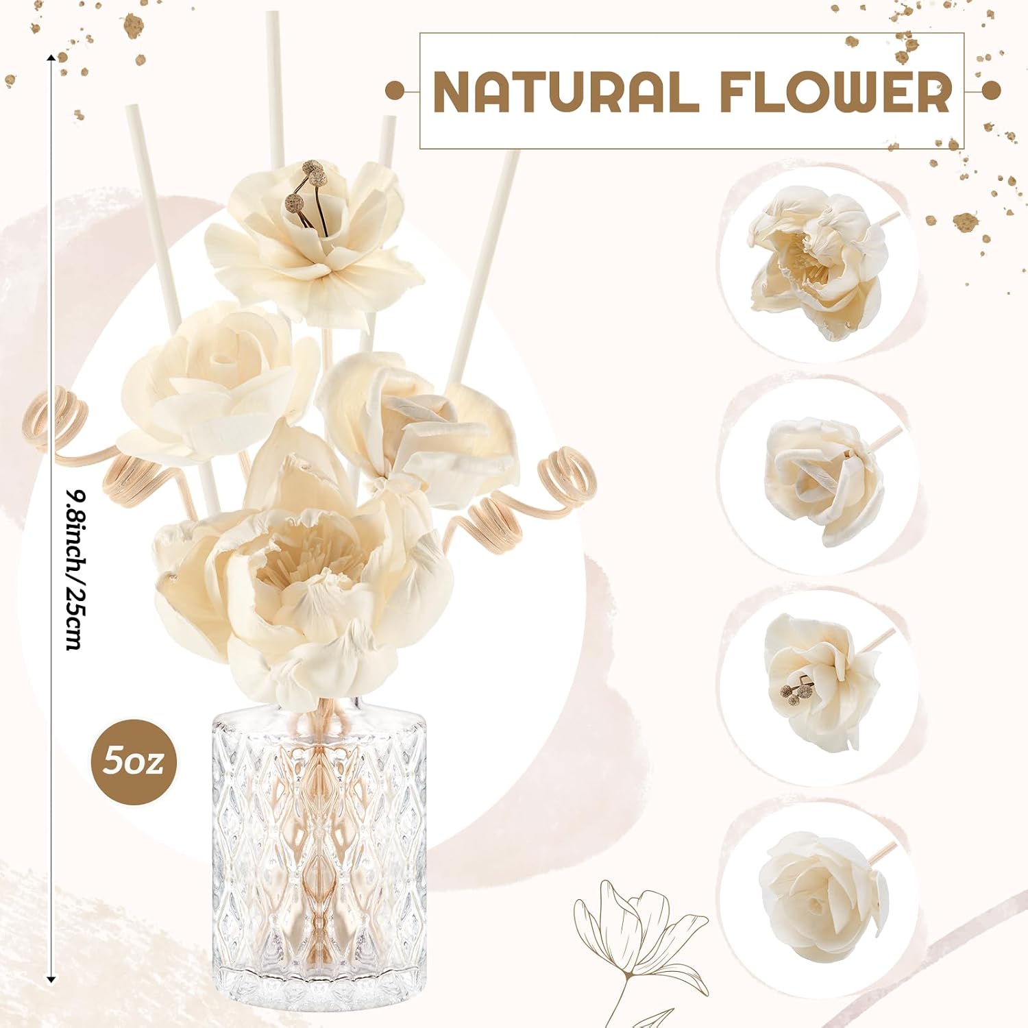 Daifunli 11 Pcs Flower Reed Diffuser Set Include Sola Flowers Diffuser Sticks with 5oz Empty Design Bottles Fragrance Rice Paper Natural Flower for Bedroom Office Bathroom Shelf Decor Gift(Classic)