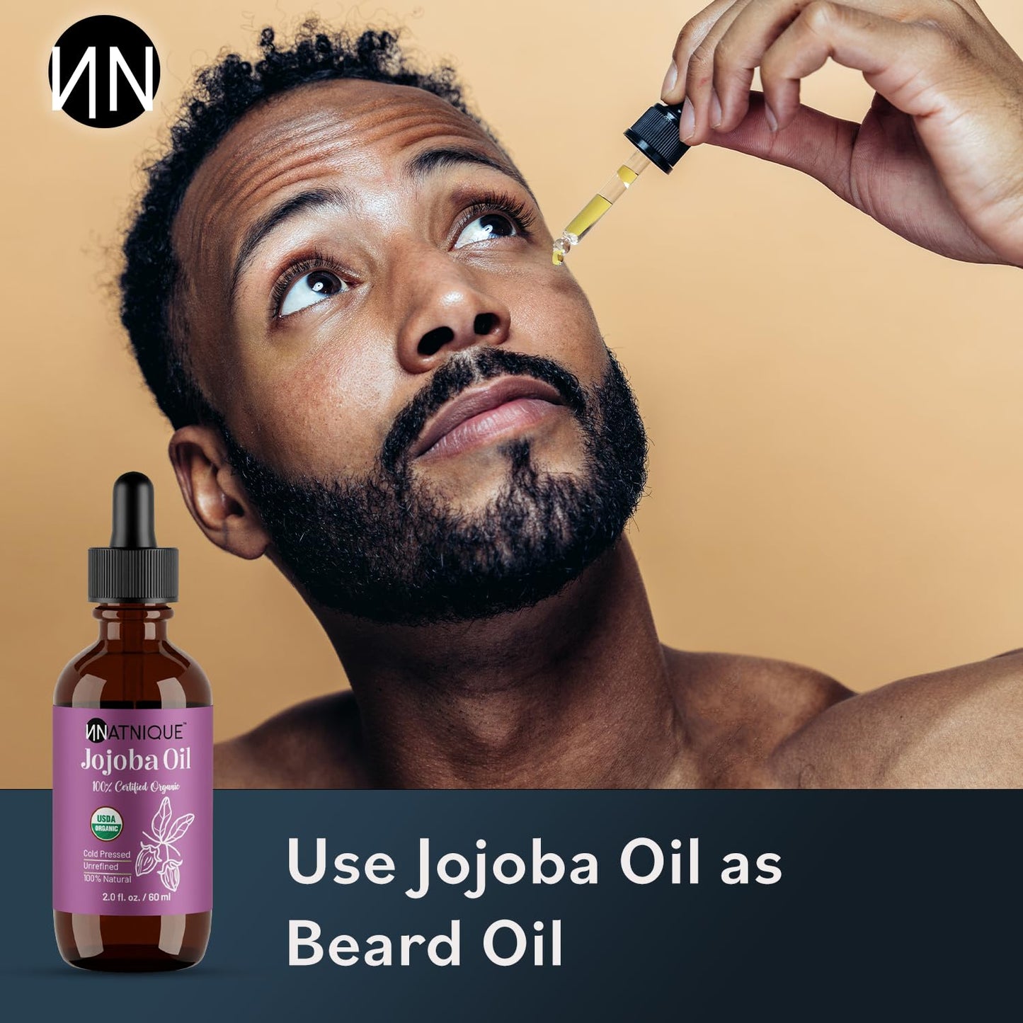 Natnique Organic Jojoba Oil – Brush Included – USDA Certified, Cold Pressed, Unrefined & Hexane-Free – Pure Moisturizer for Hair, Face, Skin, Beard, Scalp, Nails & Cuticles – Natural Care (2 oz)