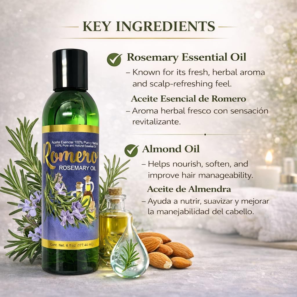Rosemary(Romero)Essential w/Almond Oil – 6 fl oz –100% Pure & Natural,Cosmetic Hair & Body,Supports Healthy-Looking Hair,Shine & Manageability – For Hair, Skin, Massage & Aromatherapy – By BexpertsUSA