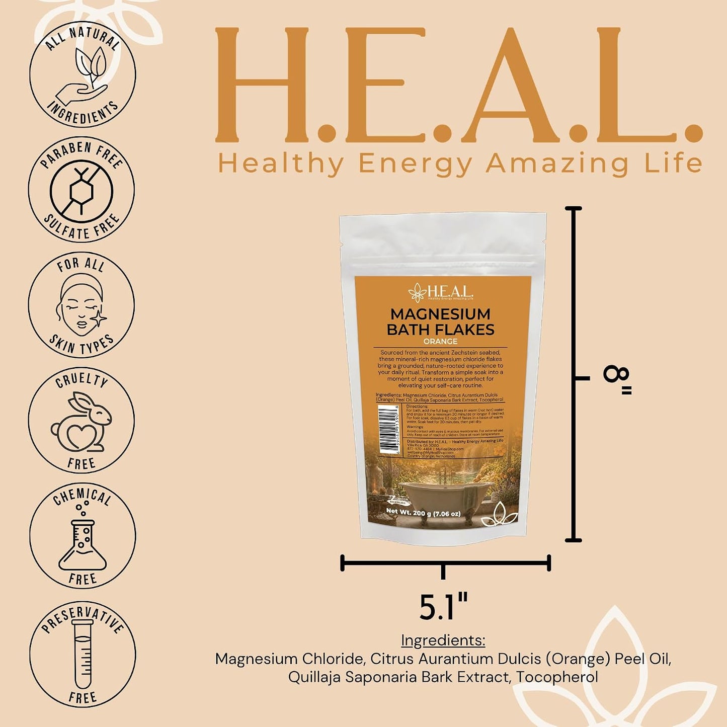 H.E.A.L. Magnesium Bath Flakes with Orange Essential Oil- 7oz for Joints, Muscles and Radiant Skin