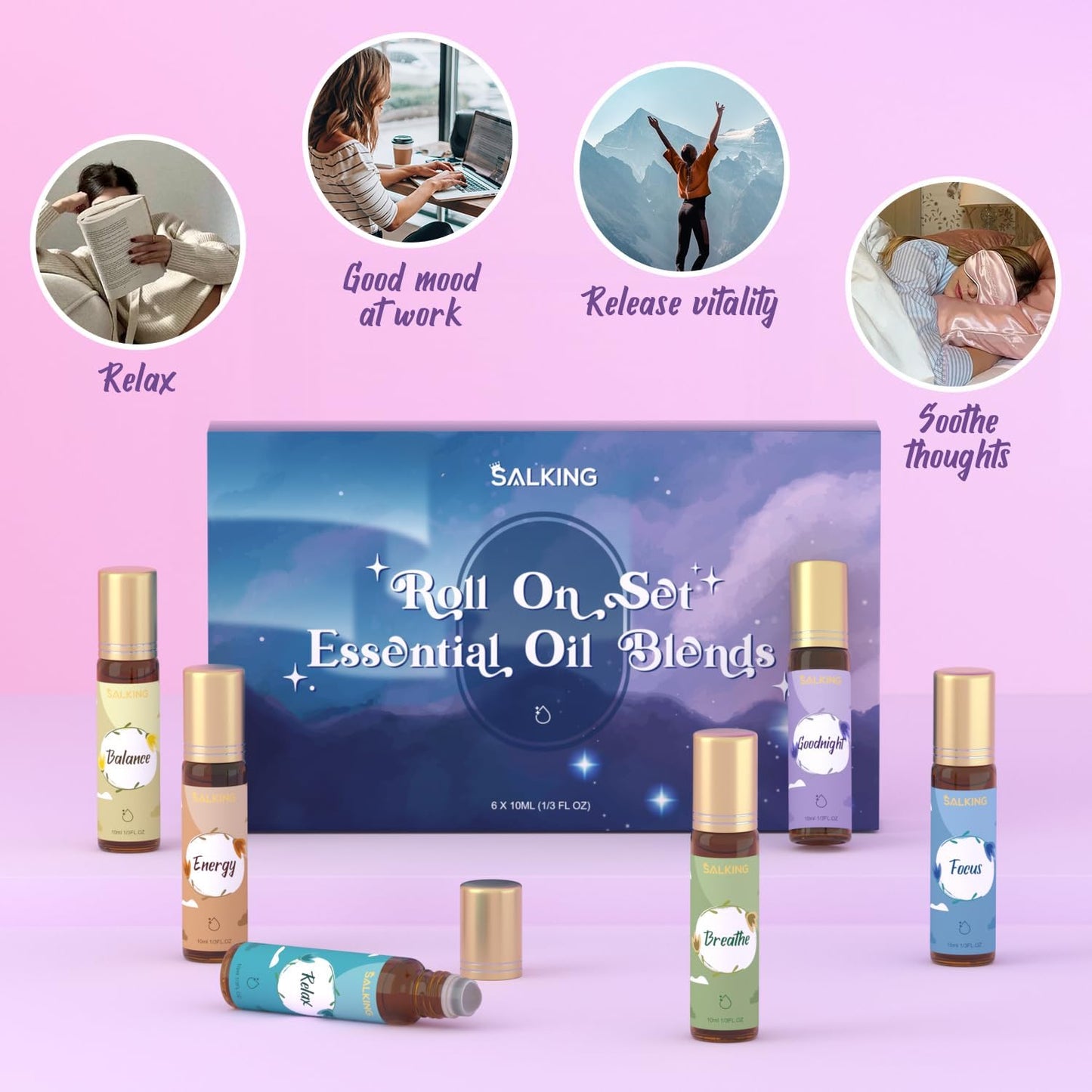 SALKING Essential Oils Roll On Set (6 Pack), Aromatherapy Oil Natural Pre-diluted Blend Oils for Skin Use, Natural Fragrance Gift for Women and Men