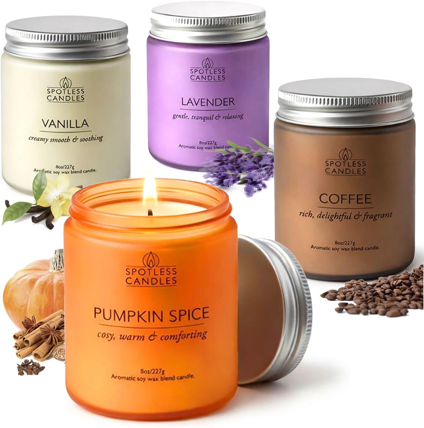 Classic Candle Gift Set; 4 x 8oz Scented Candles in Frosted Glass Jars; Coffee, Vanilla, Lavender, Pumpkin Spice; 200 Hours Burn Time; Gifts Set for Women; Premium Gift Box by Spotless Candles
