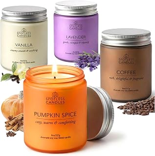 Classic Candle Gift Set; 4 x 8oz Scented Candles in Frosted Glass Jars; Coffee, Vanilla, Lavender, Pumpkin Spice; 200 Hours Burn Time; Gifts Set for Women; Premium Gift Box by Spotless Candles