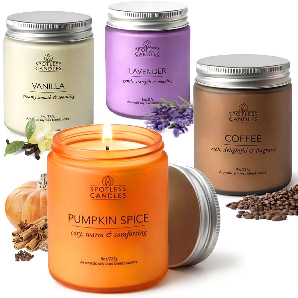 Classic Candle Gift Set; 4 x 8oz Scented Candles in Frosted Glass Jars; Coffee