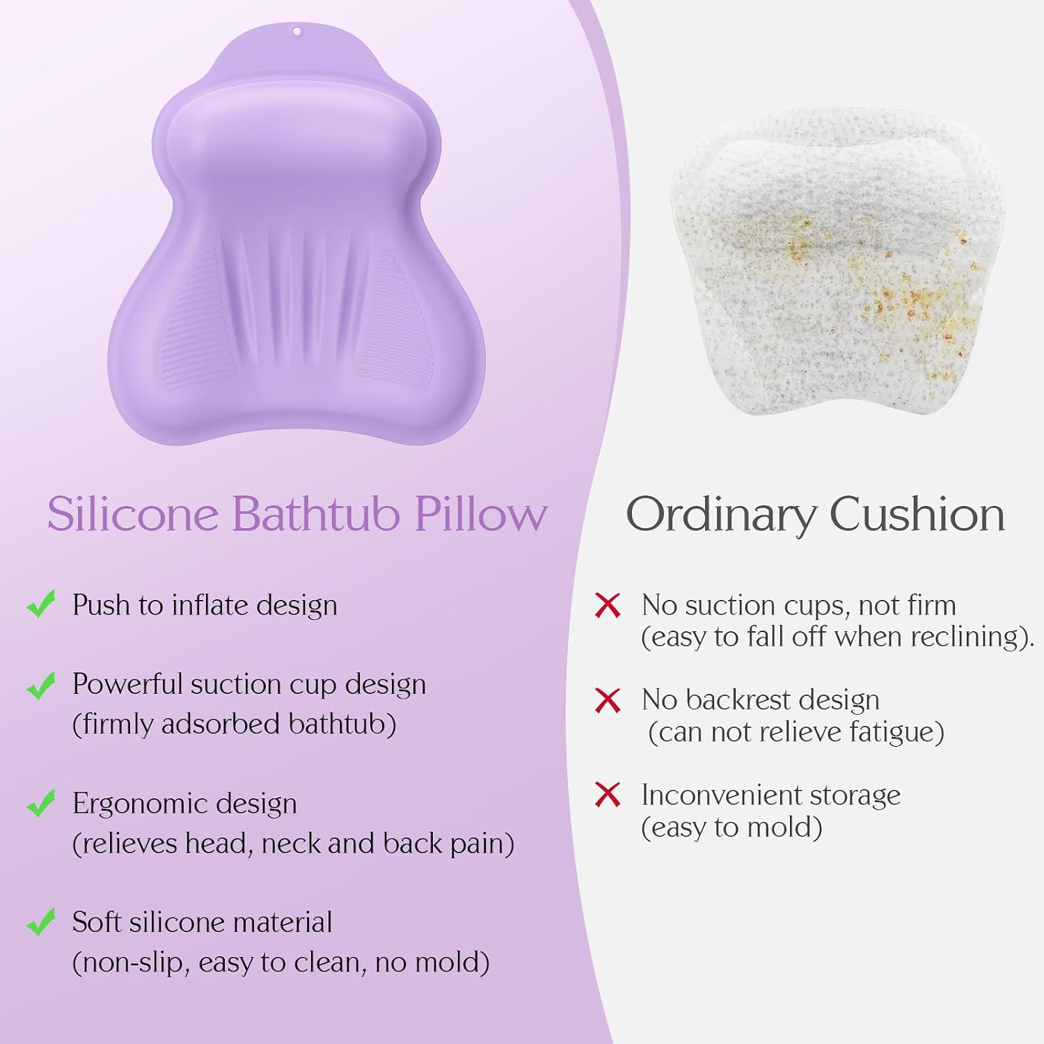 Silicone Bath Pillow, New Material Bath Pillows for Tub Head Neck and Back Support, Bath Tub Pillow with 4D Press Inflatable Airbag and Non-Slip Strong Suction Cups, Quick-Drying, Easy to Store,Purple
