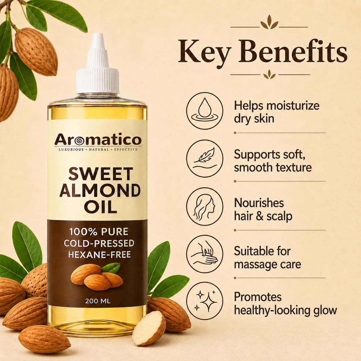Aromatico Cold Pressed Sweet Almond Oil. Lightweight, Natural Moisturizing Oil for Hair, Skin & Body - 7 fl oz
