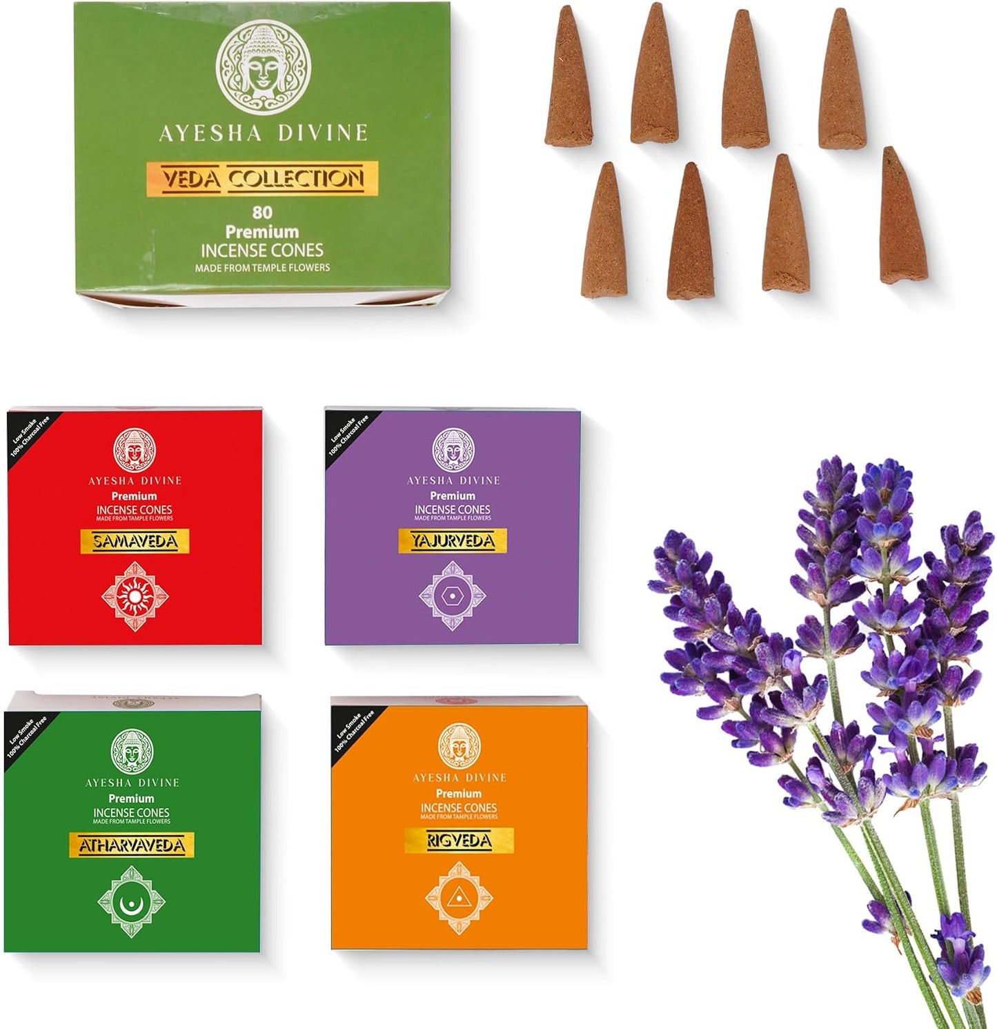 Incense Cones Variety Pack - Veda Collection Samaveda Rigveda Yajurveda Atharvaveda - 80 Natural Hand-Rolled Cones, Organic & NonToxic, Long Burning Aroma for Meditation, Yoga, Relaxation Gift Set