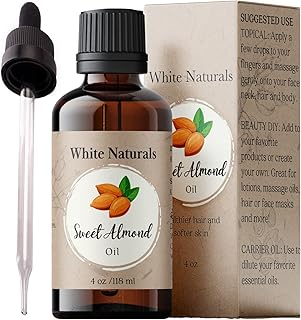 White Naturals Sweet Almond Oil for Hair and Skin, 100% Pure and Natural Cold Pressed, Hexane Free, Skin Moisturizer, Nails, Massage, Carrier Oil