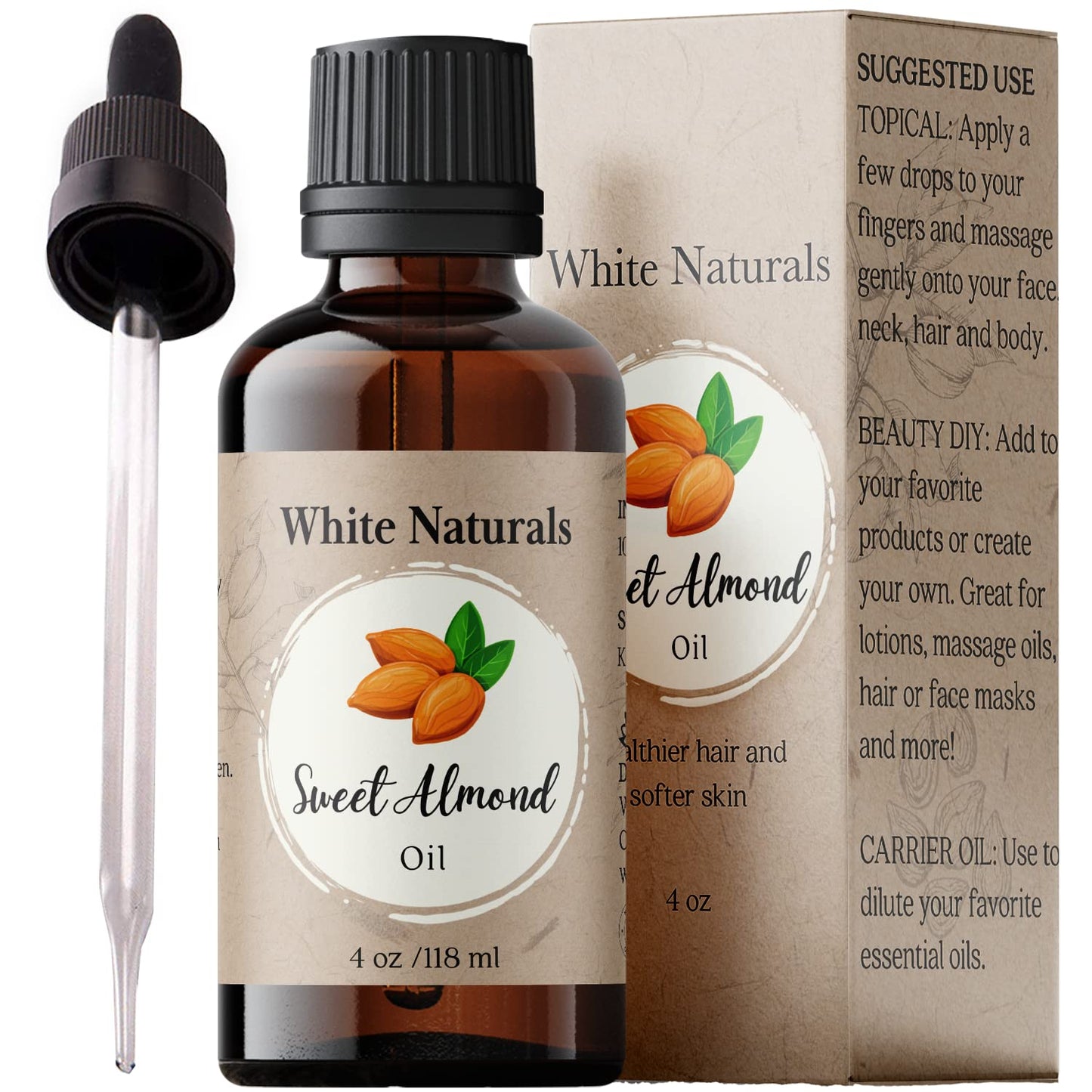 White Naturals Sweet Almond Oil for Hair and Skin, 100% Pure and Natural Cold Pressed, Hexane Free, Skin Moisturizer, Nails, Massage, Carrier Oil