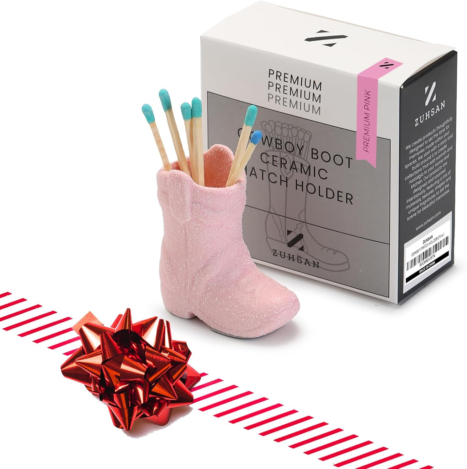 Cowboy Boot Match Holder With Striker for decorative matchsticks Ceramic Cowgirl Boot Decor Aesthetic Small Cute Matchstick Box Western Decorative Mini Matchesboxes For Bathroom Fireplace (Pink)