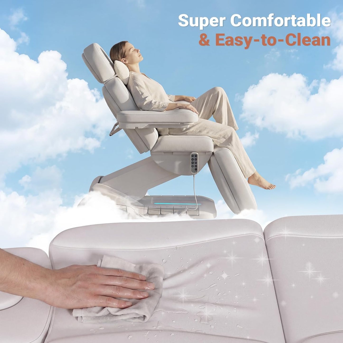 Fully Electric Massage Table, 3 Motor Adjustable Electric Esthetician Bed w/Dual-Side Foot Pedals, Handheld Remote & LED Light for Beauty Tattoo Spa Medical Treatment, Stool Included, White
