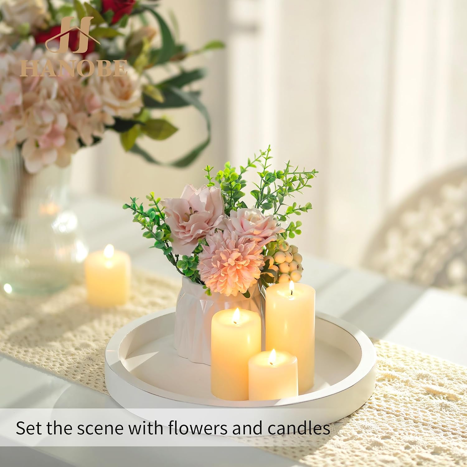 Hanobe Decorative Tray for Coffee Table: Wood Candle Holders Plate Round Rustic Trays for Ottoman Centerpiece Home Decor Living Room Kitchen Corner Organizer White