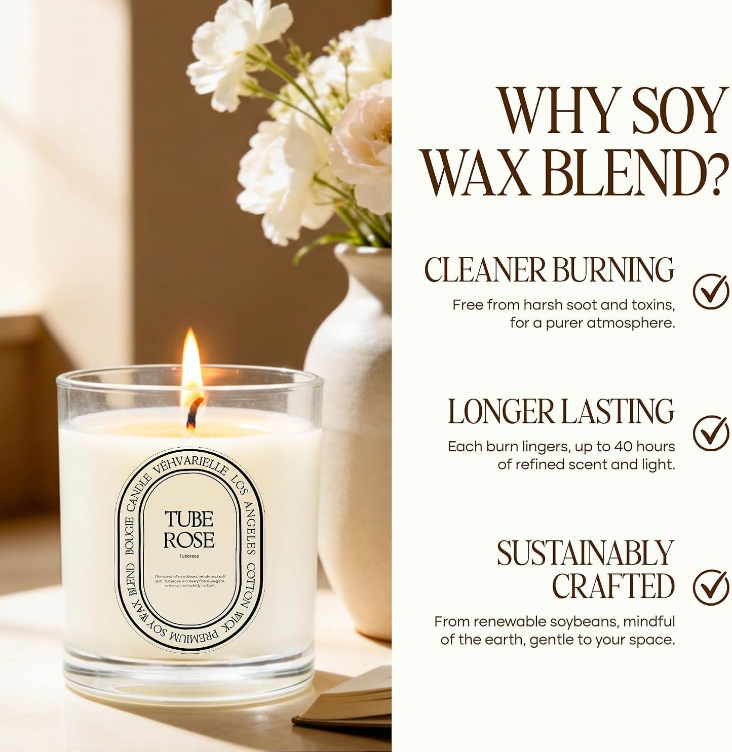 Tuberose Luxury Scented Candle for Home 8oz | Soft Floral Aroma for Daily Relaxation | Hand-Poured Soy Wax Blend | 40hr Clean Long Burn | Premium Home Fragrance for Women & Men