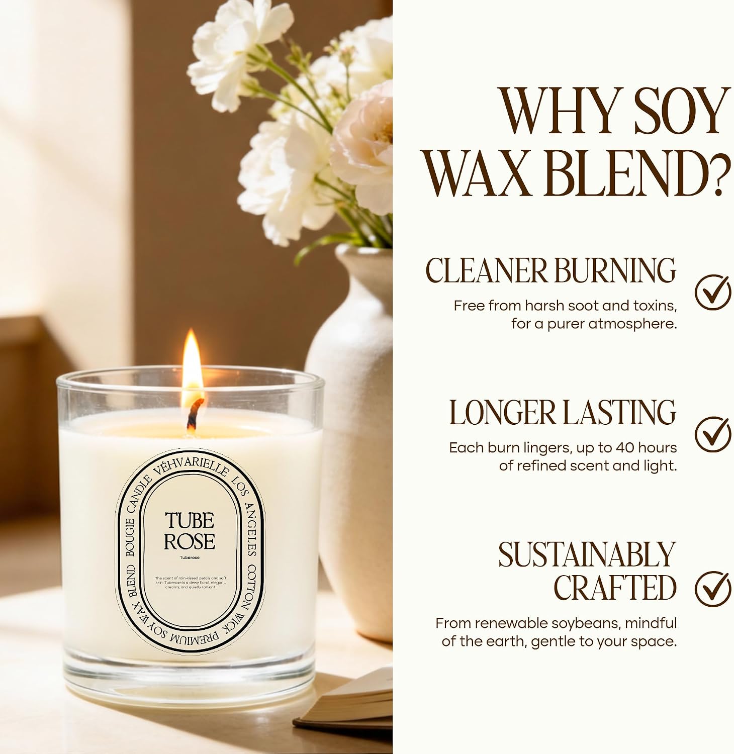 Tuberose Luxury Scented Candle for Home 8oz | Soft Floral Aroma for Daily Relaxation | Hand-Poured Soy Wax Blend | 40hr Clean Long Burn | Premium Home Fragrance for Women & Men