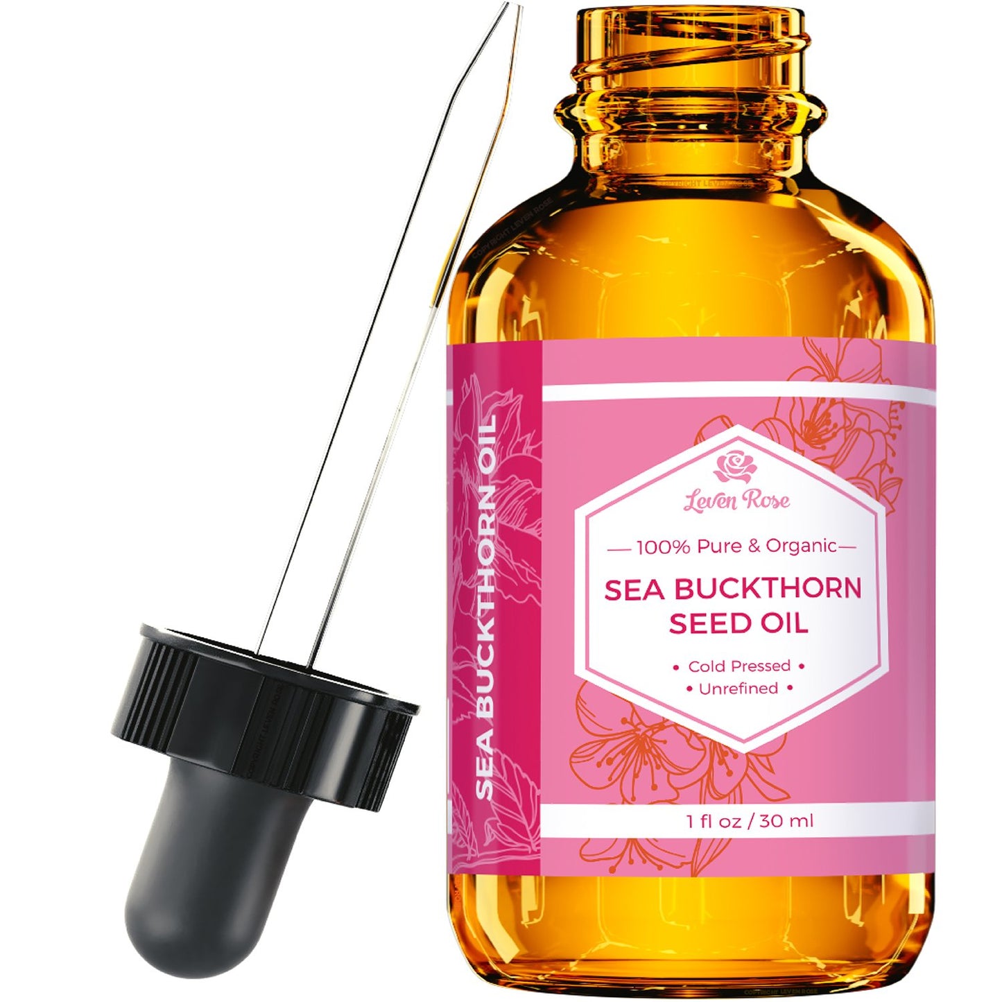 Leven Rose Sea Buckthorn Seed Oil 100% Pure Organic Unrefined Cold Pressed for Hair Skin and Nails - 1 oz