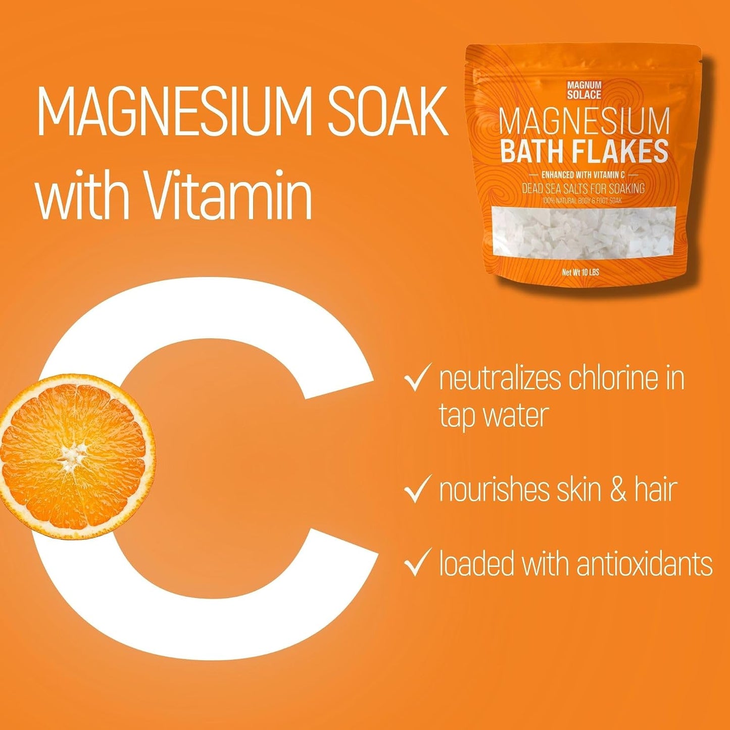 Magnesium Flakes for Bath - Magnesium Chloride Flakes - Dead Sea Salts for Soaking - Enhanced with Vitamin C Crystals, 10 LBS