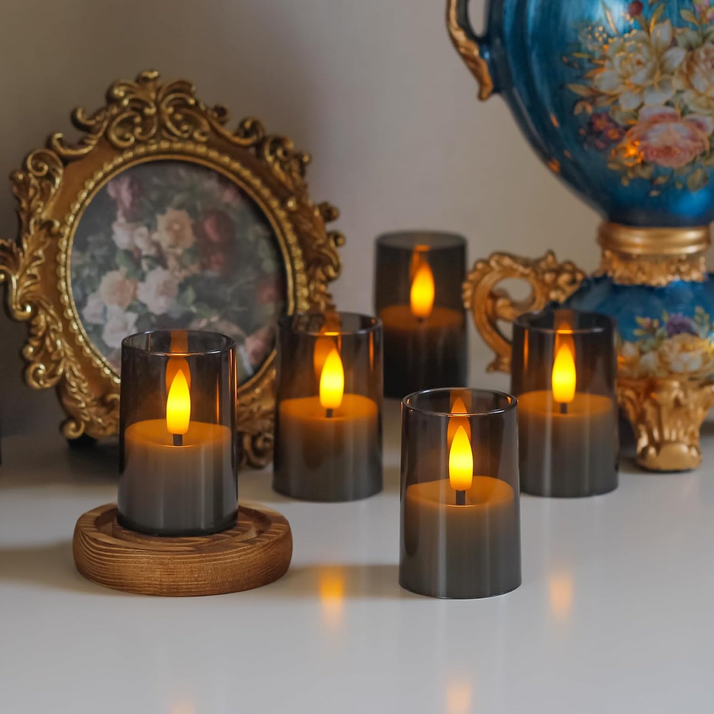 Rechargeable Acrylic Flameless Votive Candles with Timer & Remote Control, 1.7" x2.5" Flickering LED Warm Glow Tealight for Home, Wedding, Holiday Decor (Set of 6, Grey)
