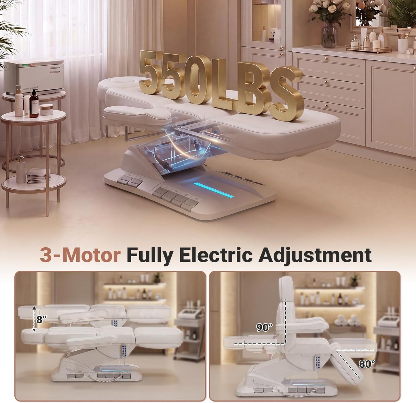 Fully Electric Massage Table, 3 Motor Adjustable Electric Esthetician Bed w/Dual-Side Foot Pedals, Handheld Remote & LED Light for Beauty Tattoo Spa Medical Treatment, Stool Included, White