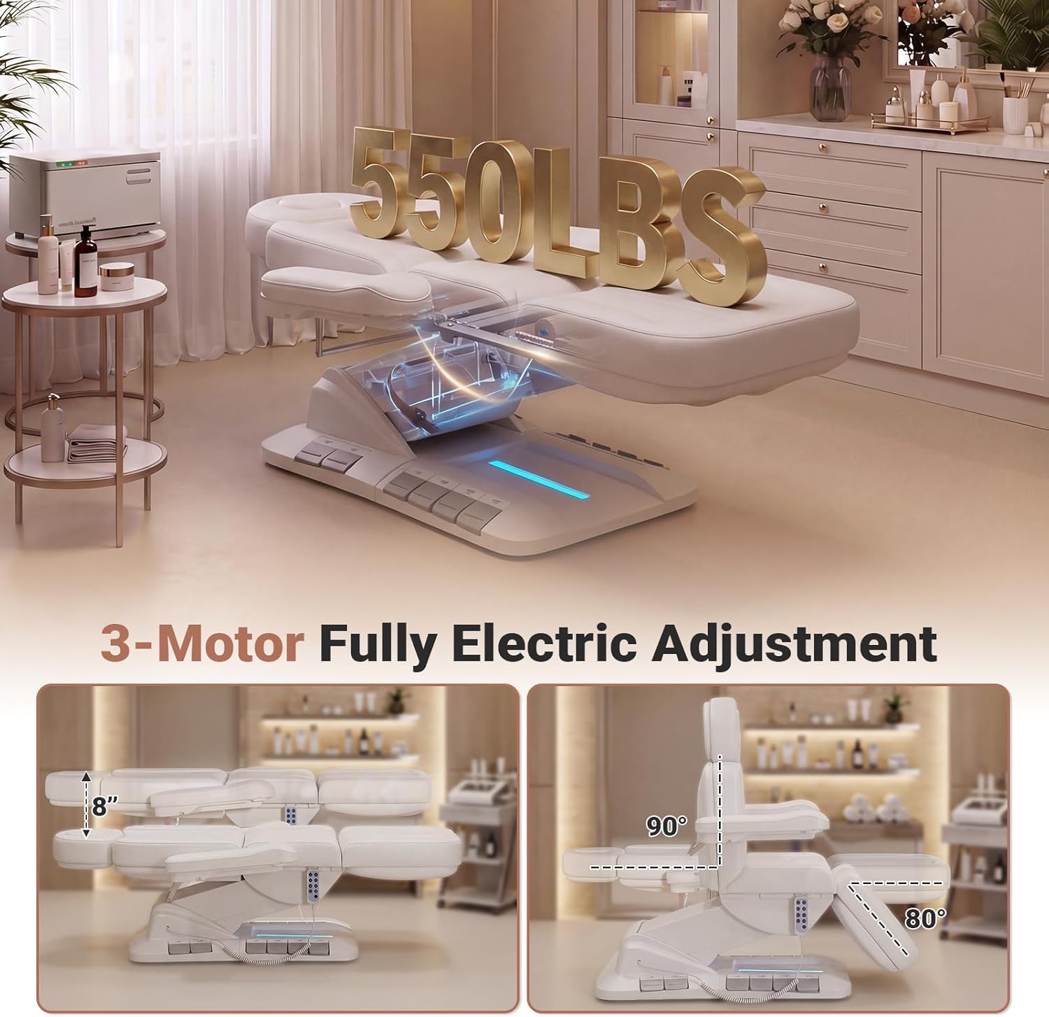 Fully Electric Massage Table, 3 Motor Adjustable Electric Esthetician Bed w/Dual-Side Foot Pedals, Handheld Remote & LED Light for Beauty Tattoo Spa Medical Treatment, Stool Included, White