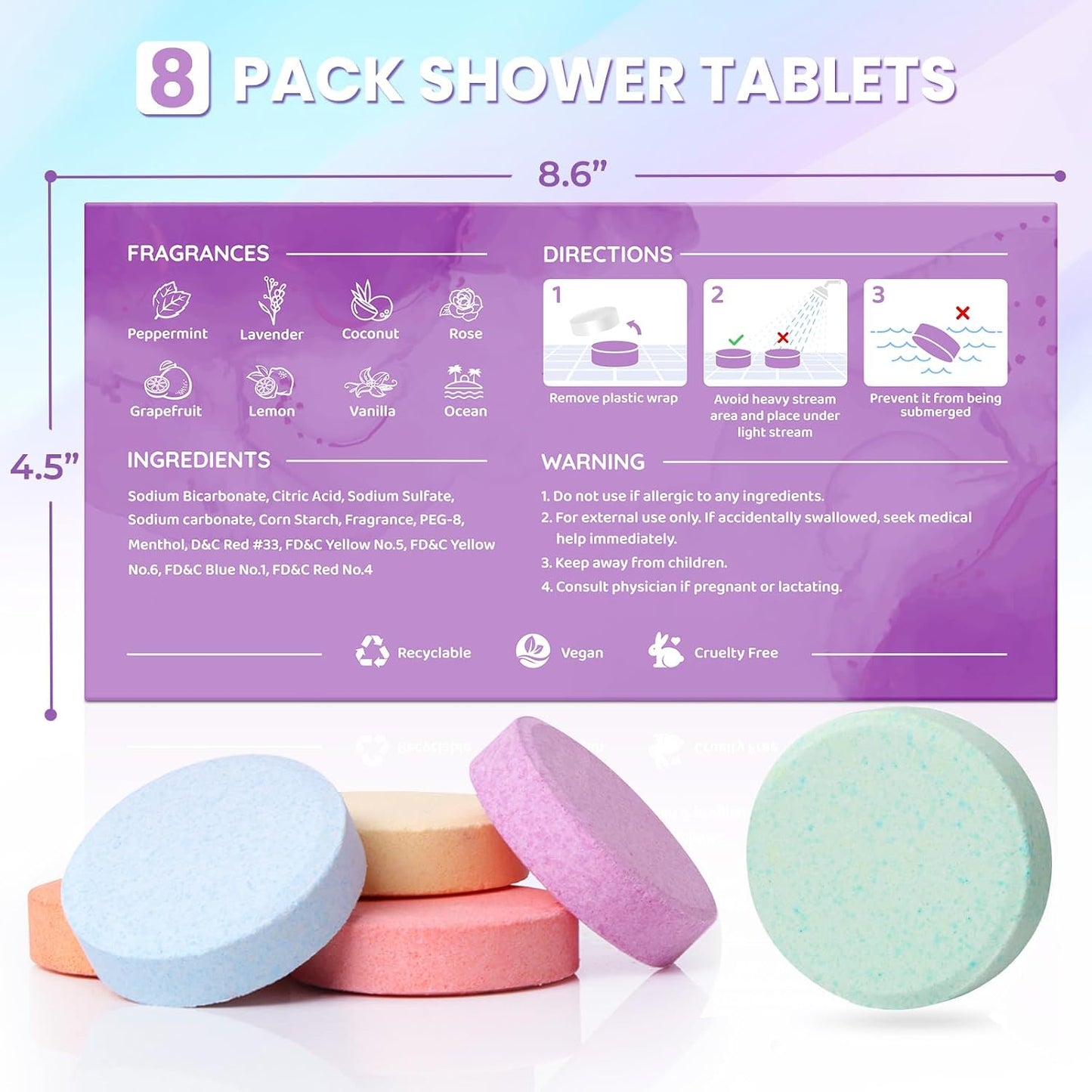 CalmNFiz Shower Steamers 8 Scents - Shower & Bath Bombs with Organic & Natural Fragrances for Teens and Adults - Birthday, Christmas Day Gift for Women Who Have Everything（Green + Purple）