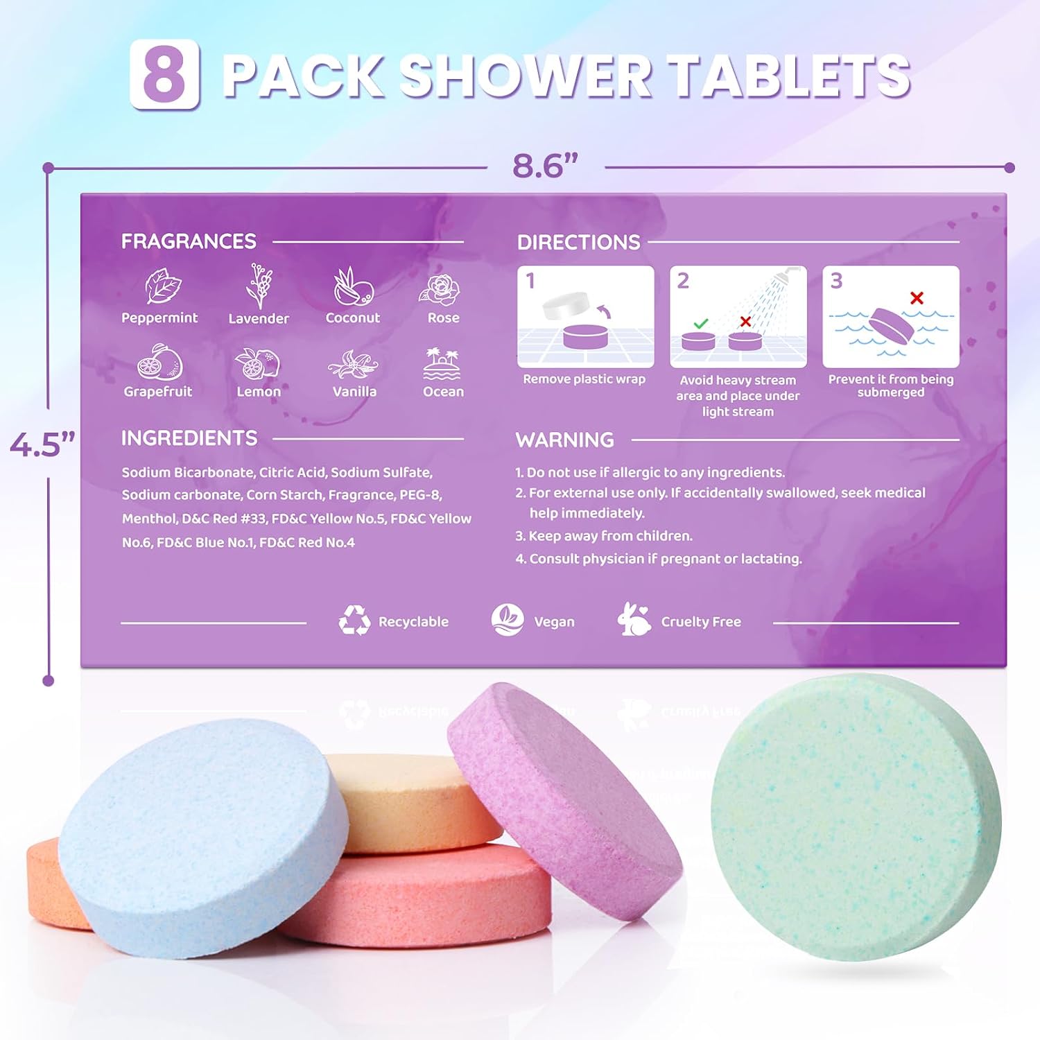 CalmNFiz Shower Steamers 8 Scents - Shower & Bath Bombs with Organic & Natural Fragrances for Teens and Adults - Birthday, Christmas Day Gift for Women Who Have Everything（Green + Purple）