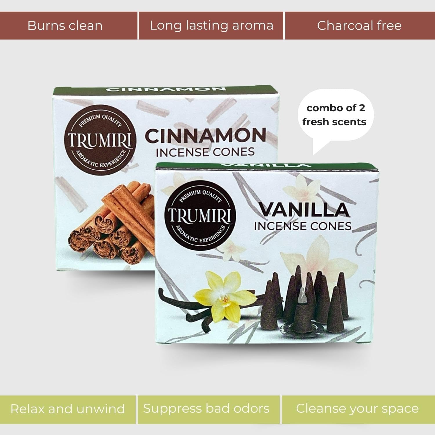TRUMIRI Incense Cones - Combo Pack of 20 Cone Incense - 10 Vanilla + 10 Cinnamon