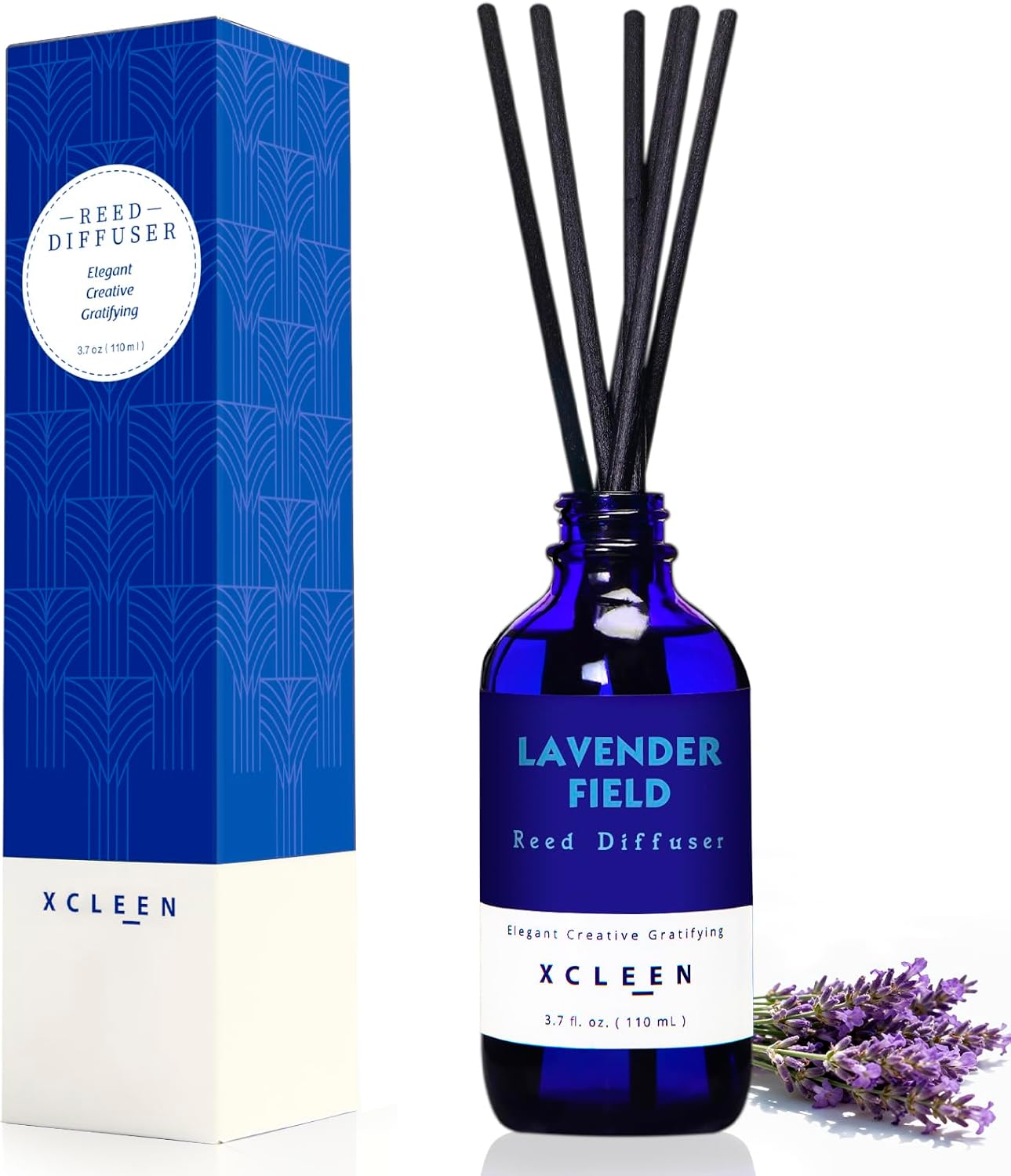 Xcleen Reed Diffuser Set, Lavender Field Oil Diffuser with Sticks, Long-Lasting Home Fragrance Reed Diffusers for Bathroom Shelf Office Decor, Luxury Air Fresheners 3.7 oz(110ml)