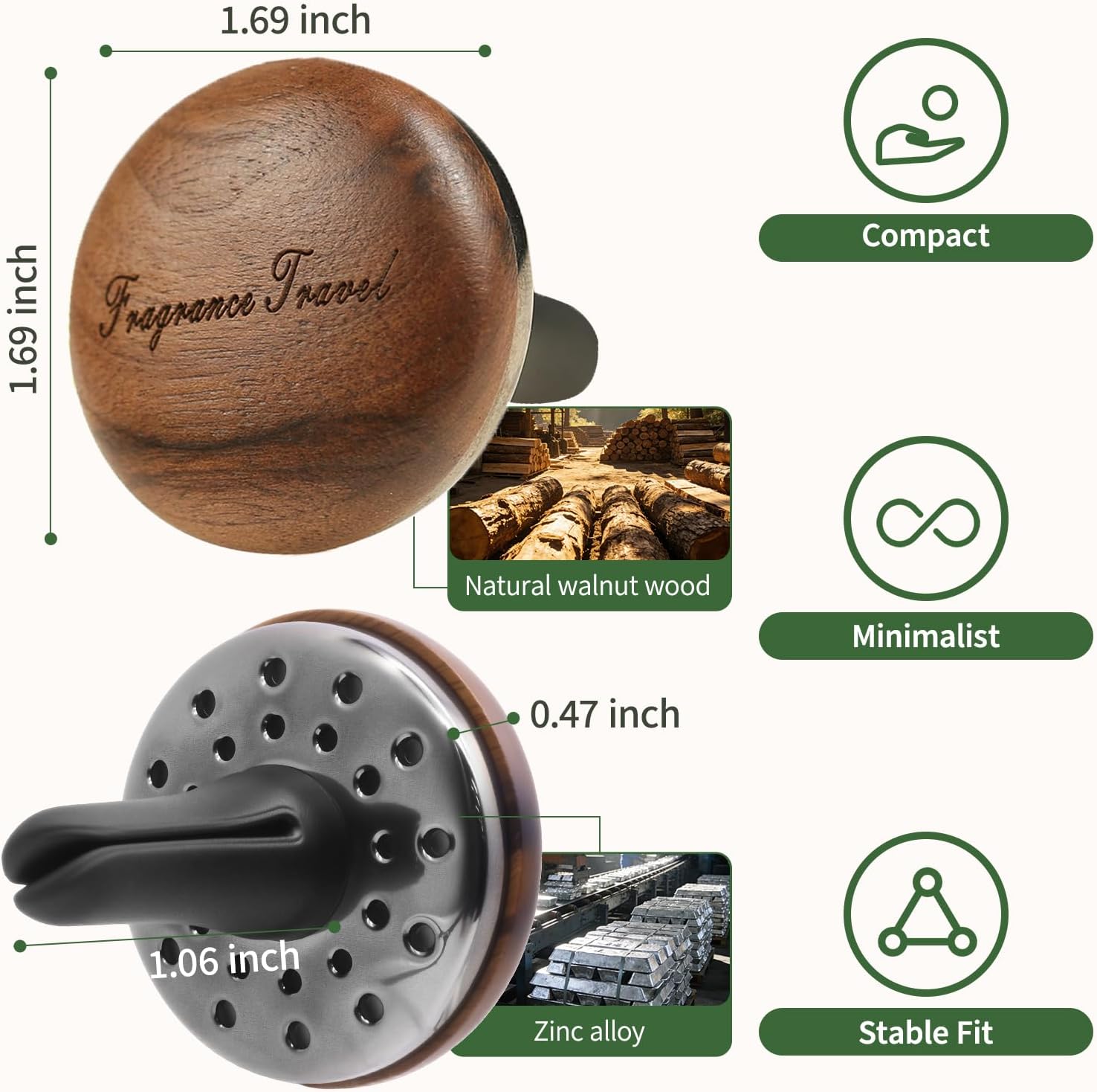 Wooden Car Air Freshener Vent Diffuser, Dark Brown Walnut Wood with Zinc Alloy Base, Refillable Essential Oil Compatible Car Vent Clip, Includes 4 Scented Pads, Long Lasting Natural Diffuser