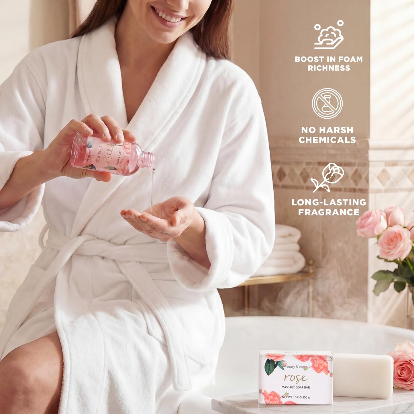BODY & EARTH Spa Gift Set for Women - Luxurious 5 Pcs Bath and Body Box, Rose Scent, Includes Body Wash, Body Butter, Body Lotion and More, Birthday Mothers Day Gifts for Mom Self Care Kit for Her