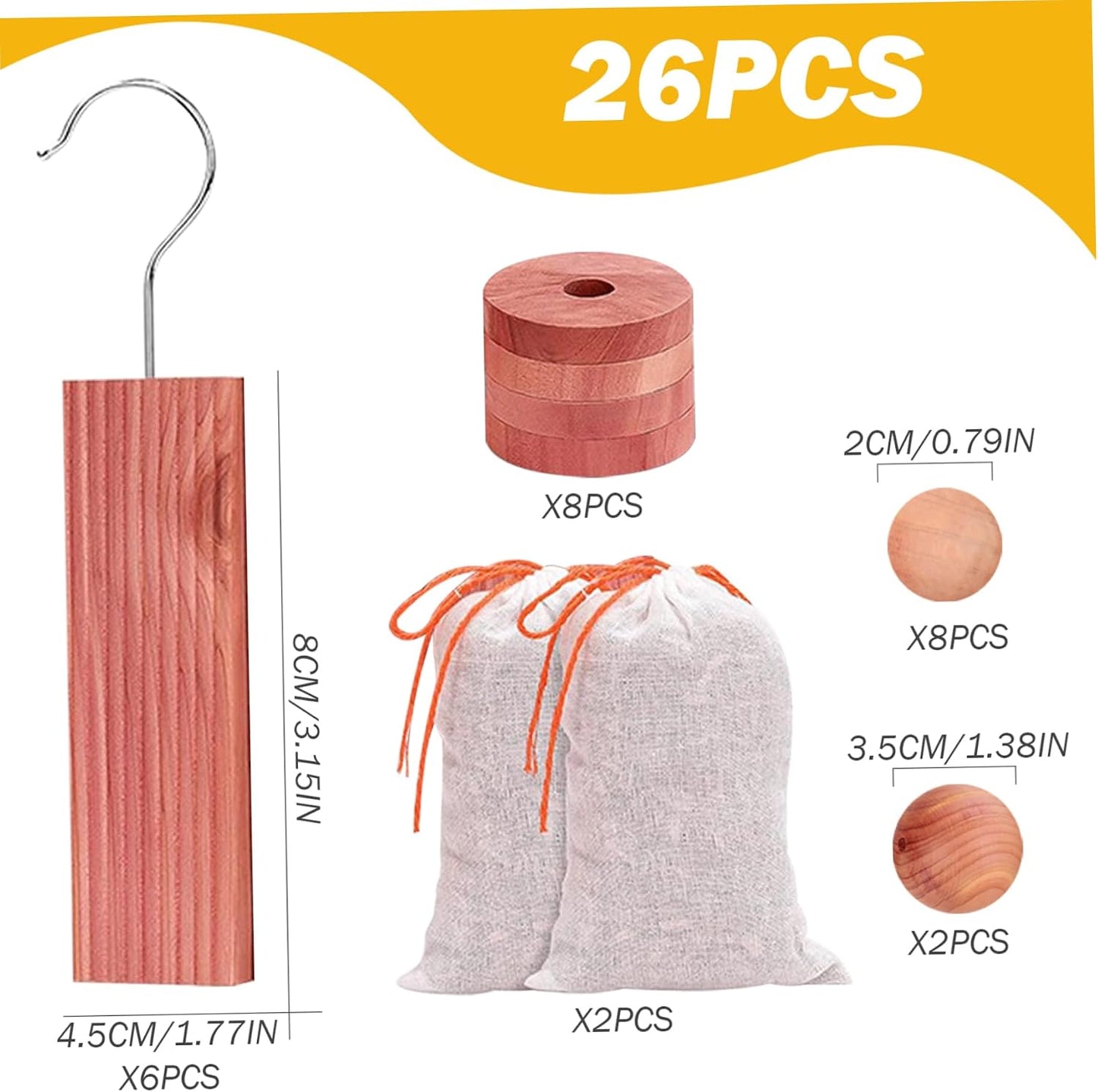 26Pcs Cedar Blocks for Clothes Storage, Aromatic Cedar Hangers, Rings and Balls, Scented Sachets, Closet Freshener for Closets, Drawers and Bookshelves