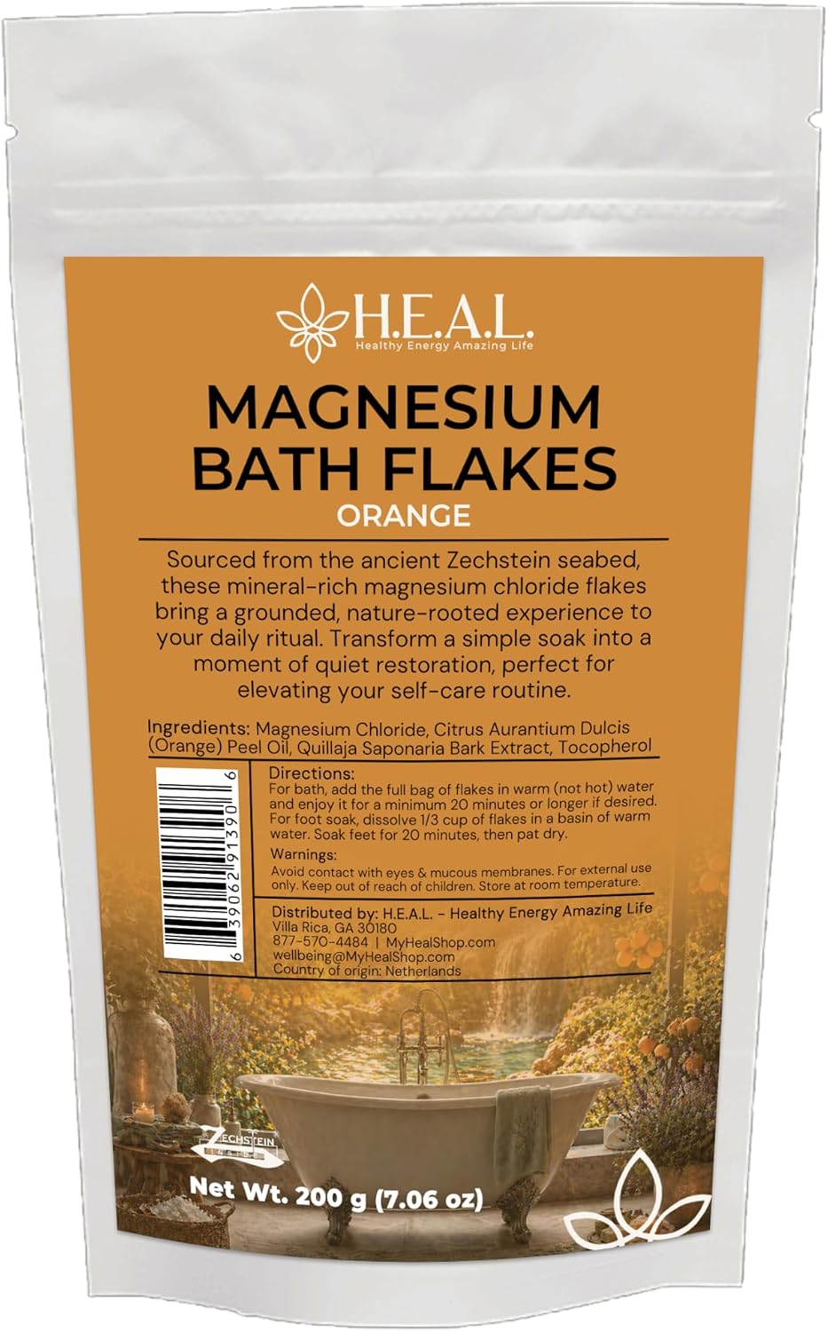 H.E.A.L. Magnesium Bath Flakes with Orange Essential Oil- 7oz for Joints, Muscles and Radiant Skin