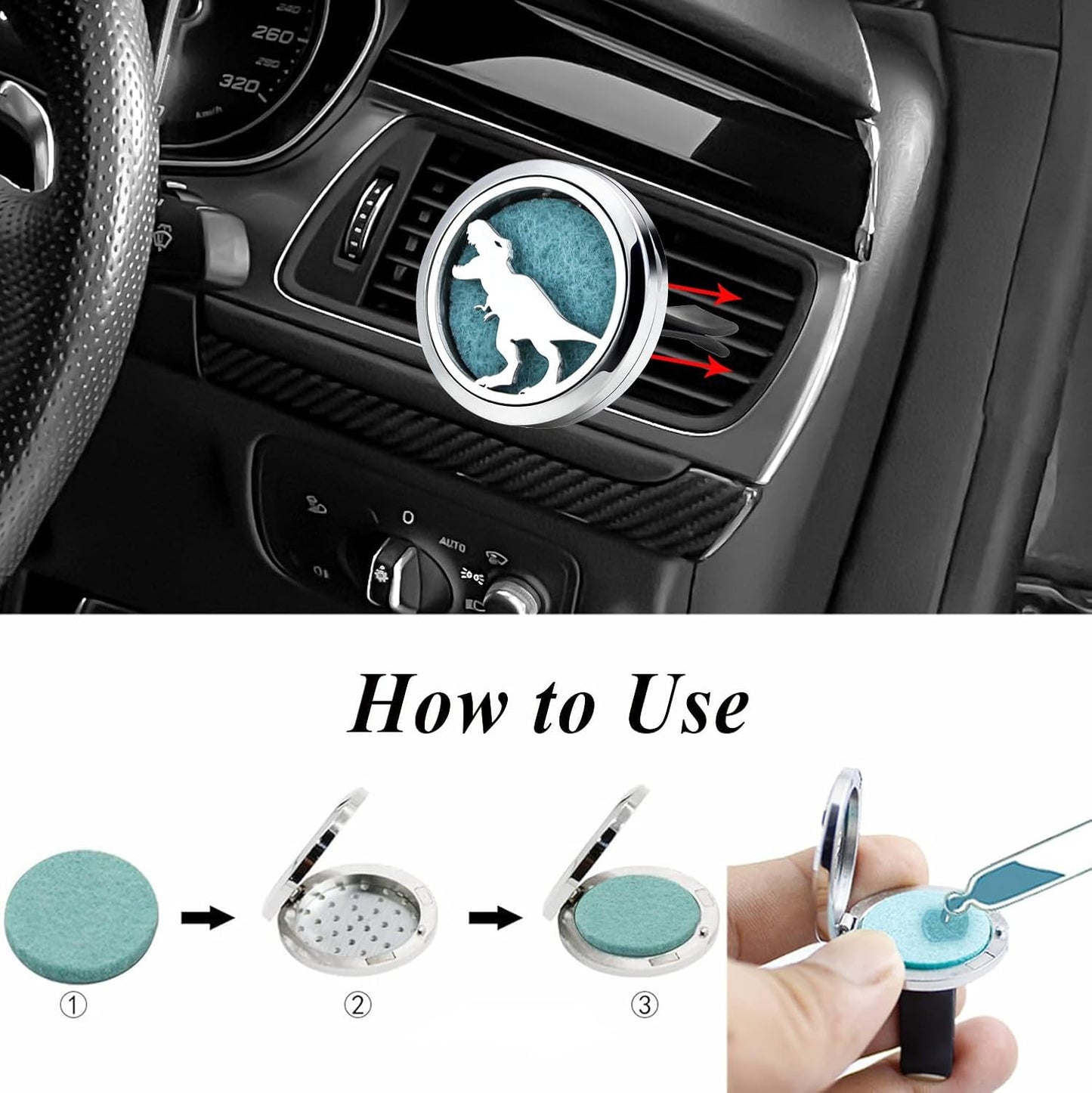 30mm Car Essential Oil Diffuser Vent Clips Air Freshener Vent Clip Aromatherapy Car Accessories 10 Felt Pads for Gift Women (Dinosaur)
