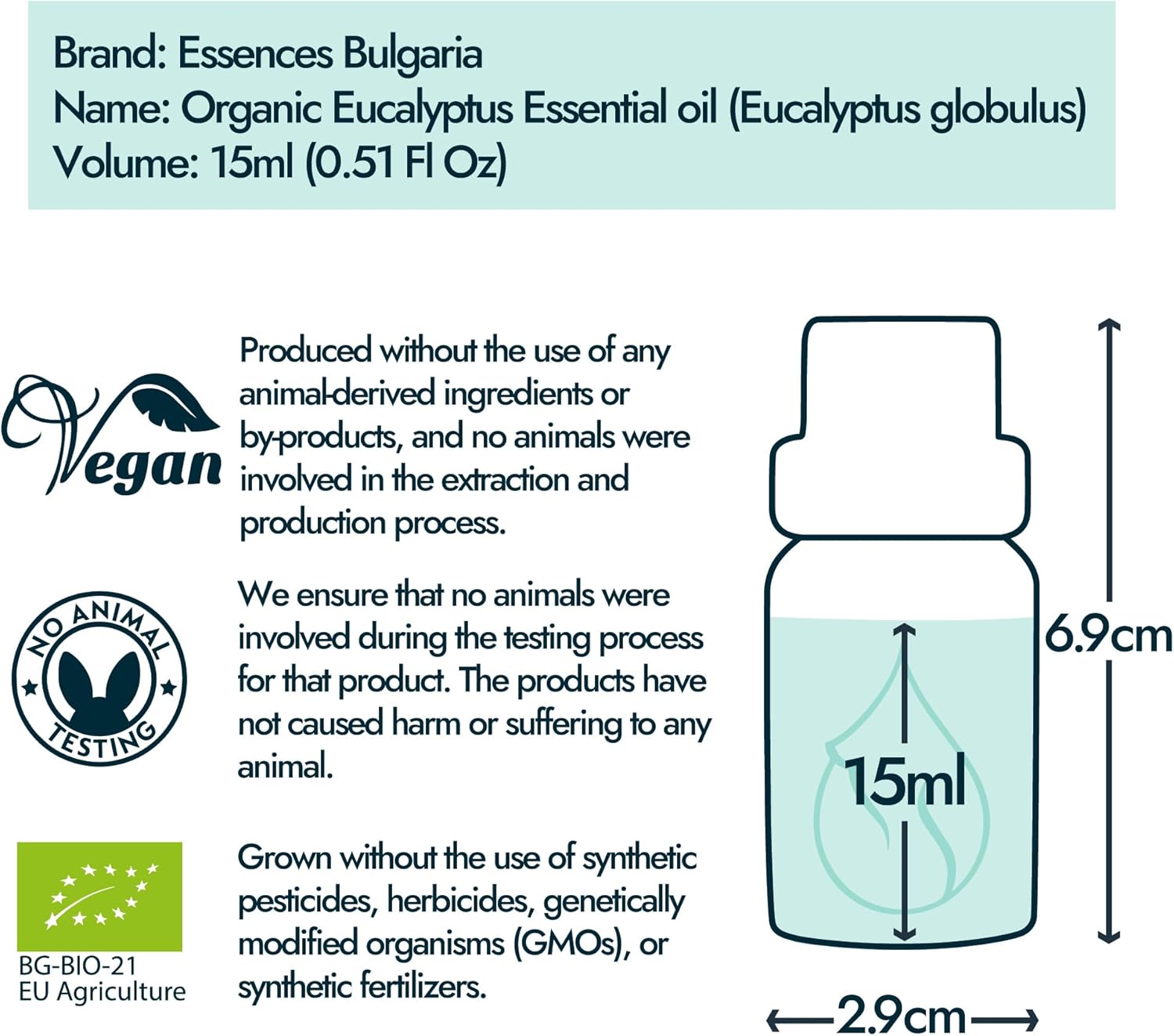 Essences Bulgaria Organic Eucalyptus Essential Oil 0.51 Fl Oz 15ml Eucalyptus globulus 100% Pure Natural Undiluted Therapeutic Grade for Aromatherapy Diffuser Humidifier Air Purifier Sauna Steam Room
