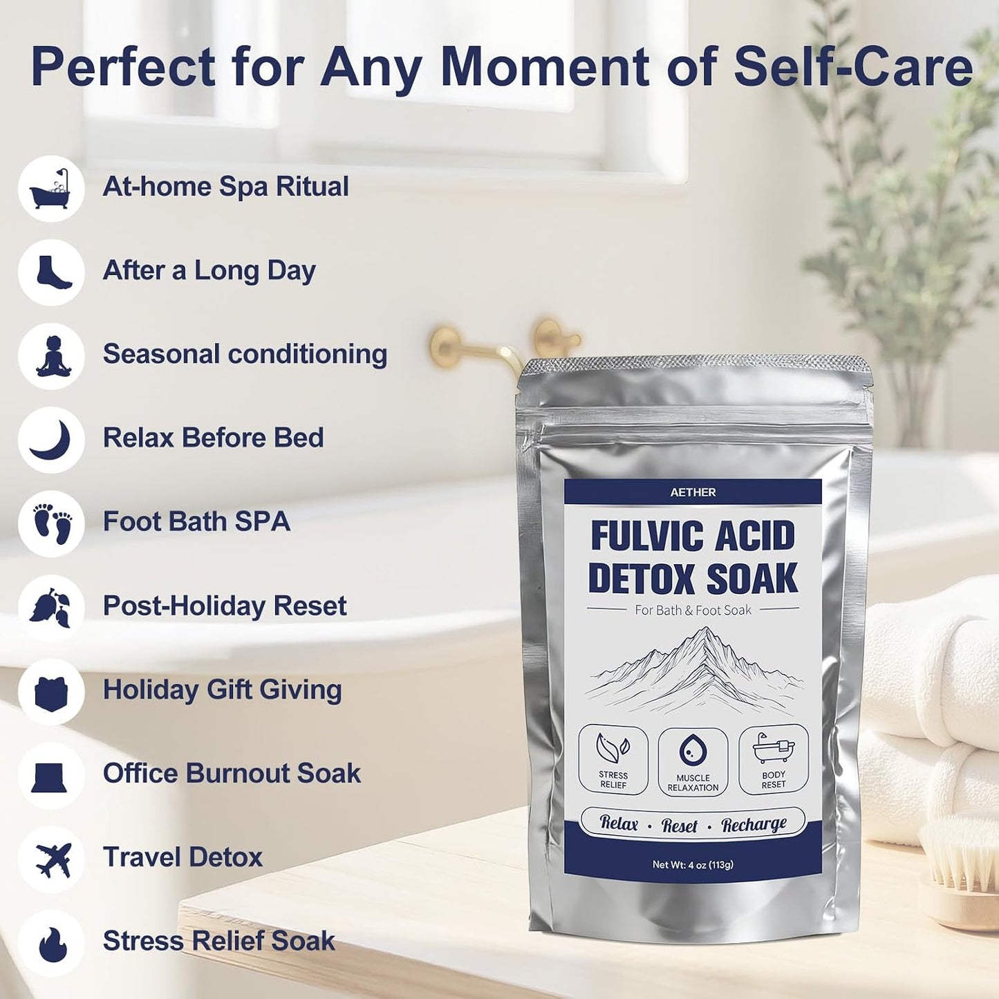 Fulvic Acid Detox Bath Soak, Mineral Bath Soak Powder for Body & Foot Soak, Fast Dissolving, Gentle for Sensitive Skin, Vegan Spa Gift, Includes 5g Scoop, 4oz(113g)