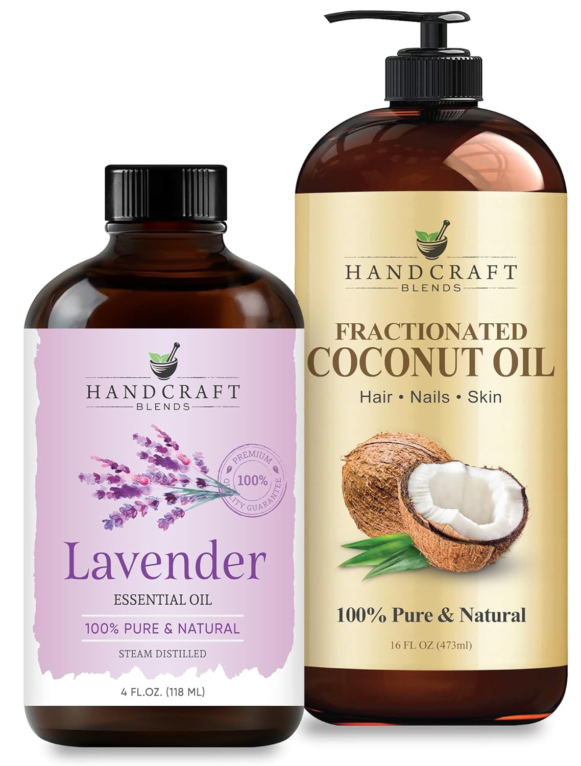 Handcraft Blends Relaxing Body Set: Fractionated Coconut Oil (16 Fl Oz) and Lavender Essential Oil (4 Fl Oz) – 100% Pure & Natural – for Massage, Sleep, and Skin Hydration