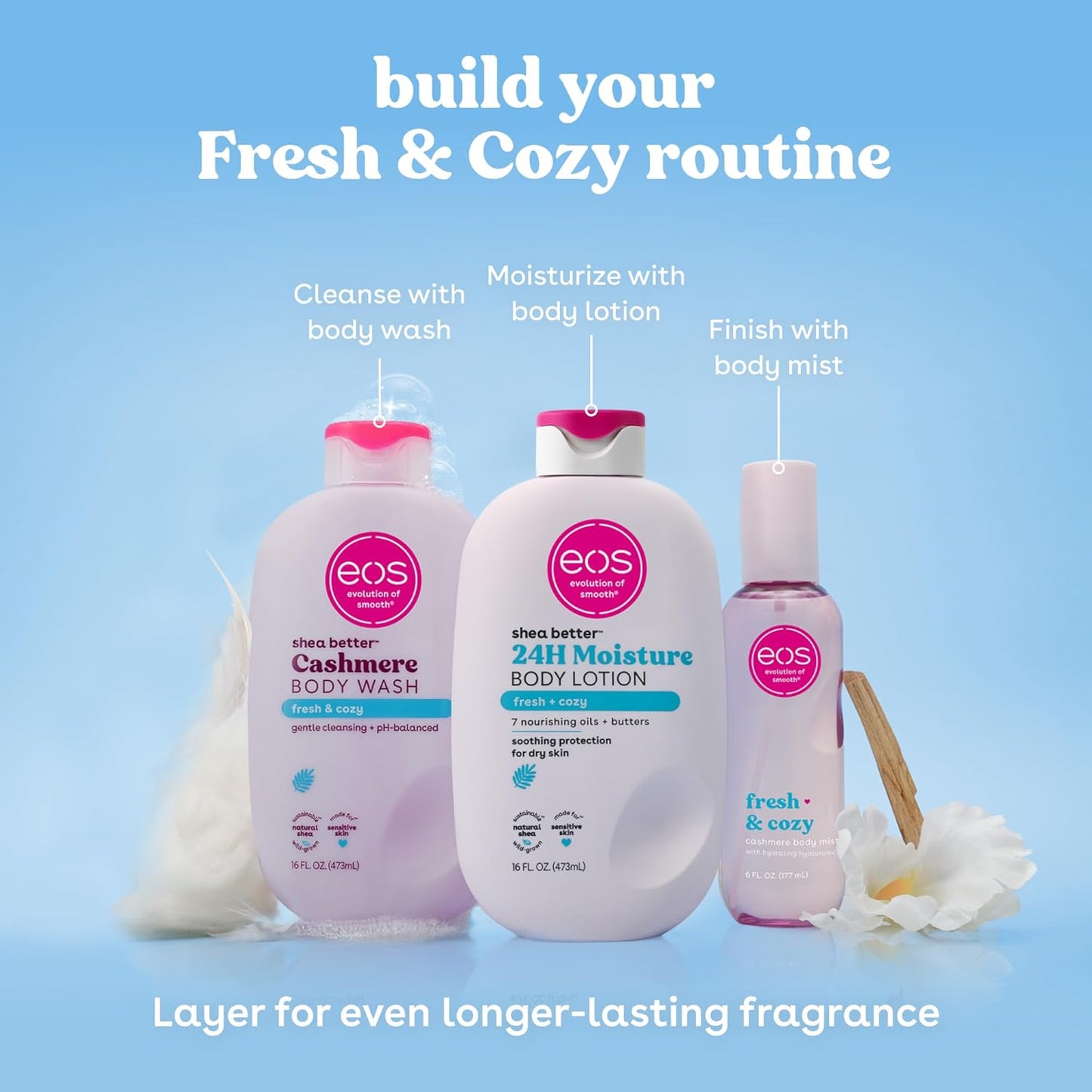 eos Cashmere Body Mist, Fresh & Cozy, Body Spray for Women, Hair Mist, Moisturizing, Hyaluronic Acid, Glycerin, Vegan, Cruelty-free, 6 fl oz