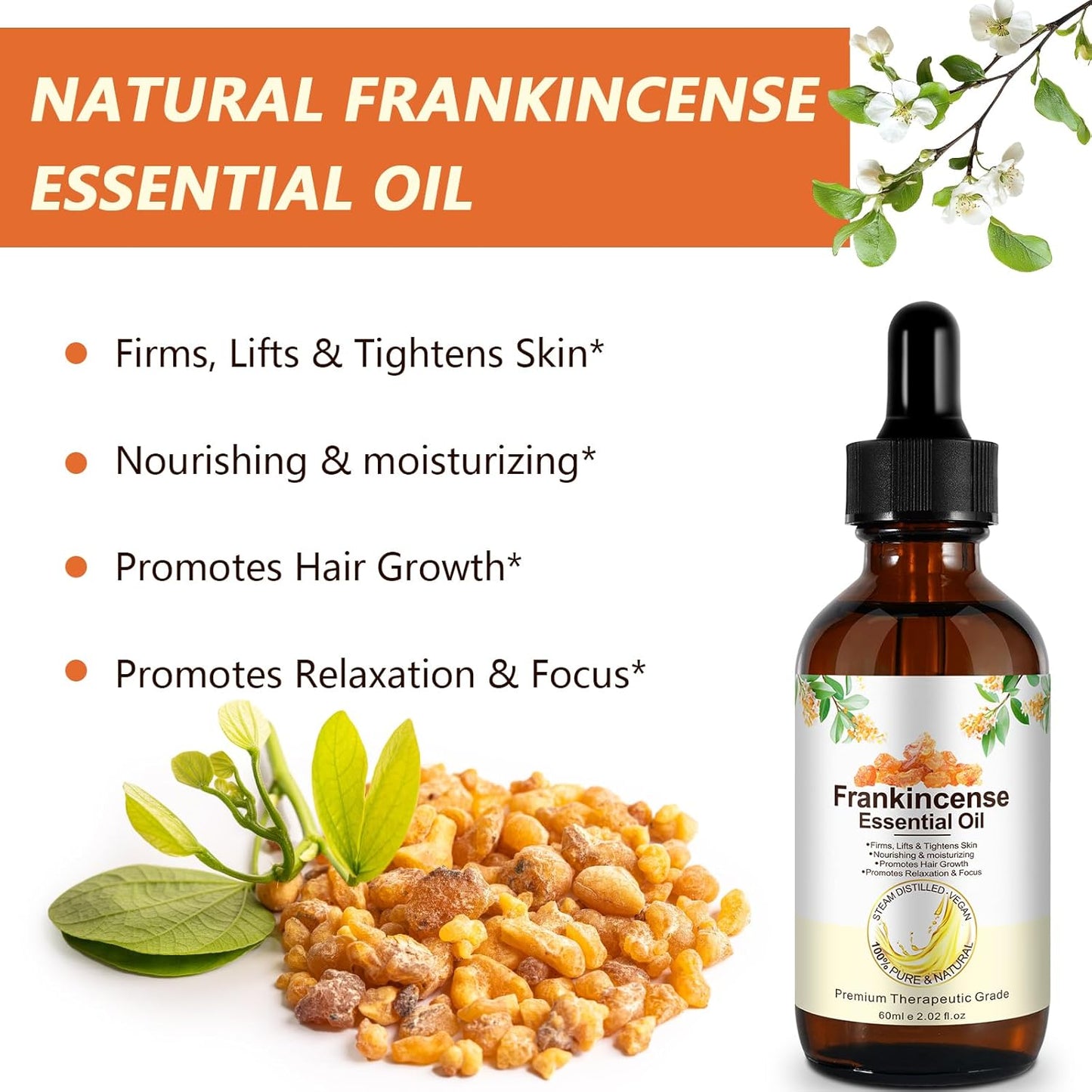 Pure Frankincense Essential Oil 60ml - 100% Natural Therapeutic Grade for Skin Care, Aromatherapy & Relaxation | Anti-Aging Facial Oil | Boswellia Serrata Extract for Face & Hair