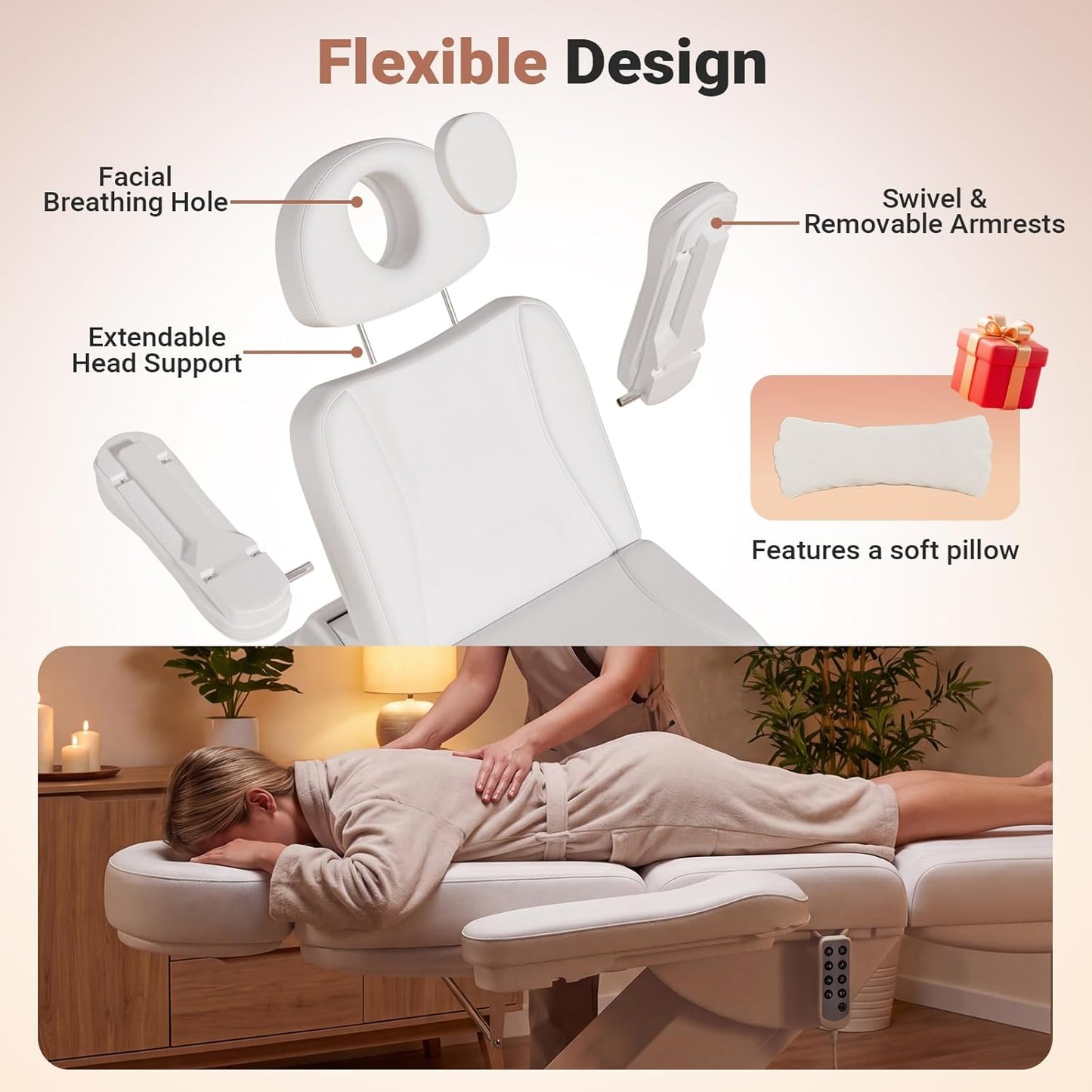 Fully Electric Massage Table, 3 Motor Adjustable Electric Esthetician Bed w/Dual-Side Foot Pedals, Handheld Remote & LED Light for Beauty Tattoo Spa Medical Treatment, Stool Included, White